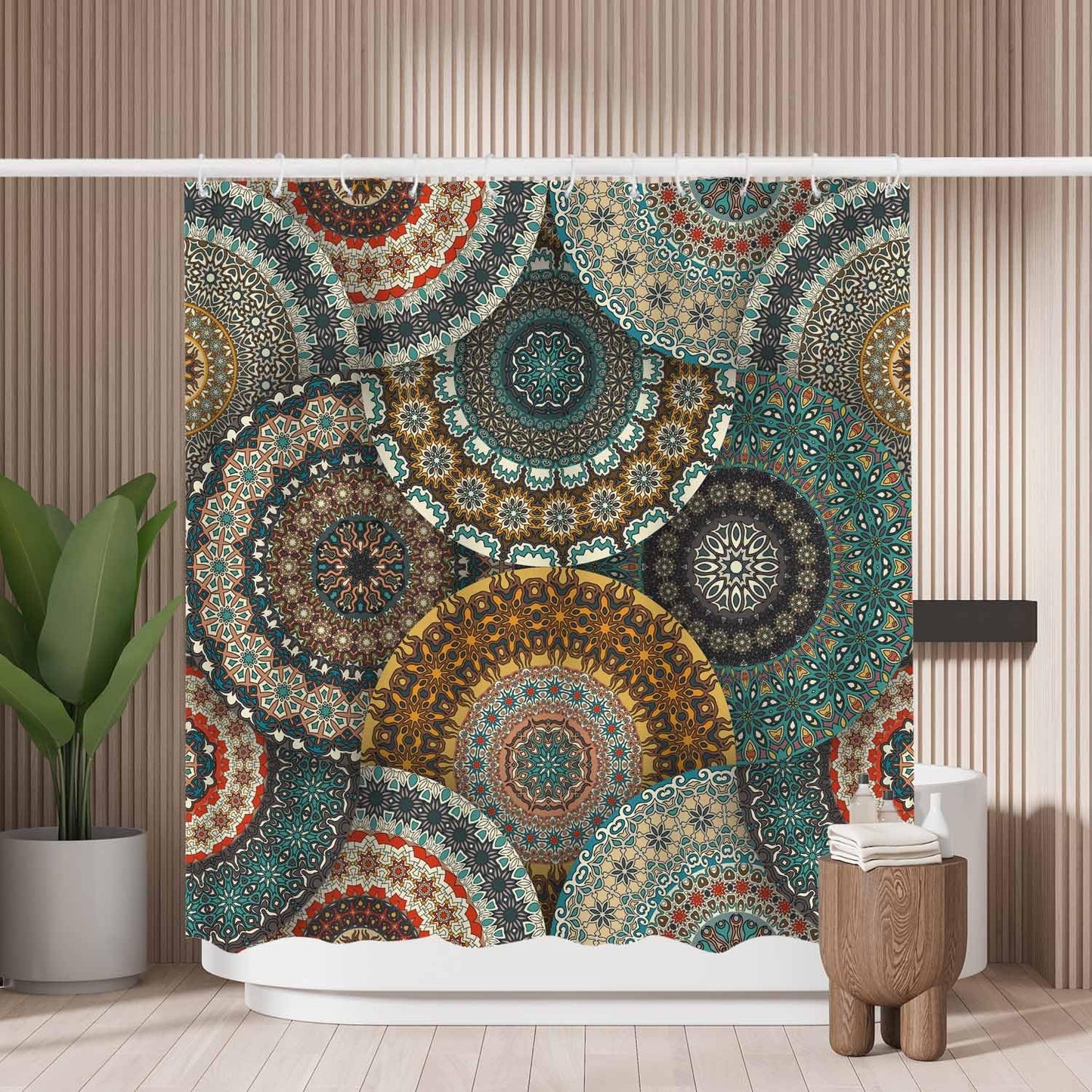 Woutay Shower Curtain Mould Proof Resistant Retro Mandala Flower Pattern,Water Repellant Fabric,Polyester,with 12 Plastic Hooks