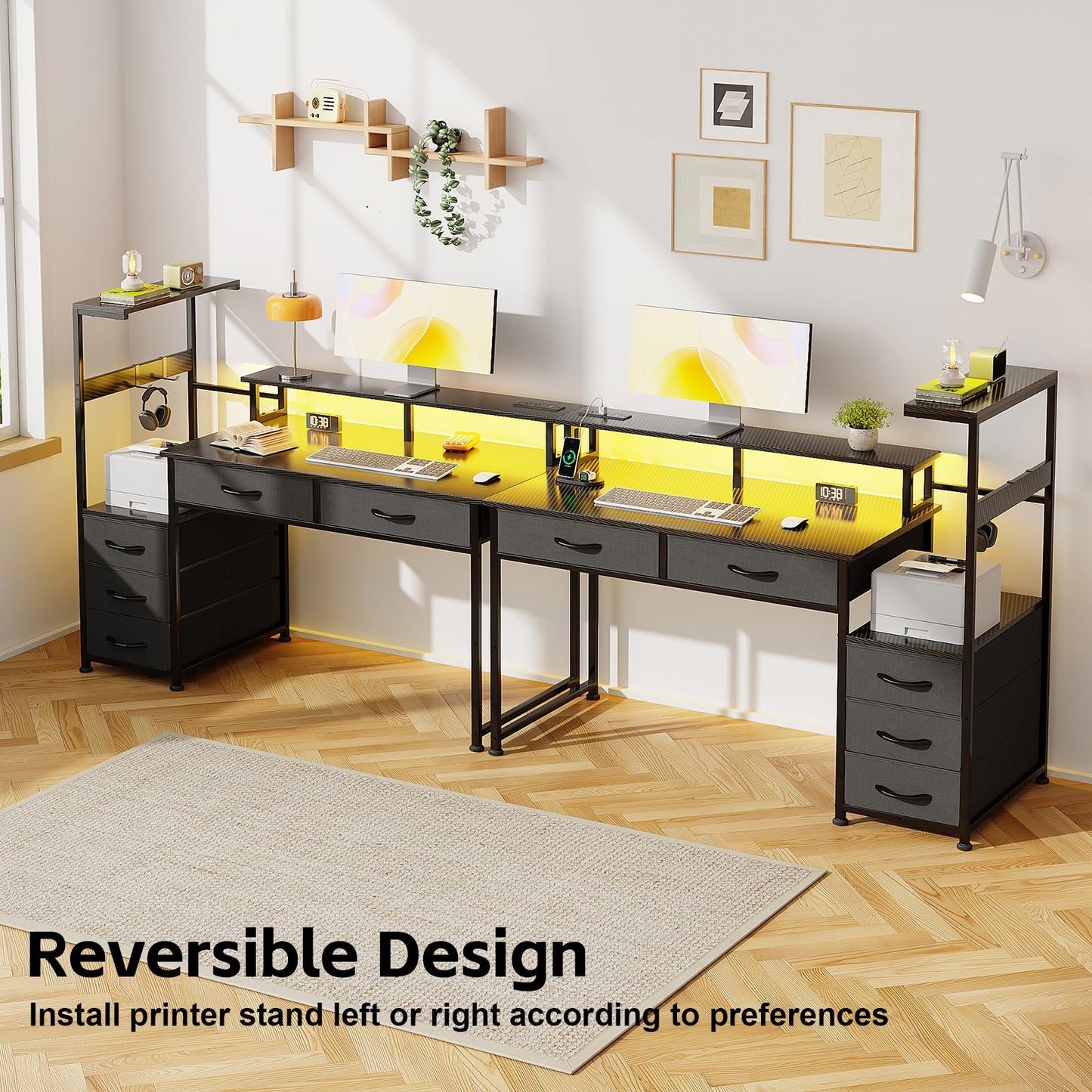 WEMANER 120cm Computer Desk with 5 Fabric Drawers, Reversible Home Office Desk with Printer Cabinet, Writing Desk with Monitor Stand & Power Outlets