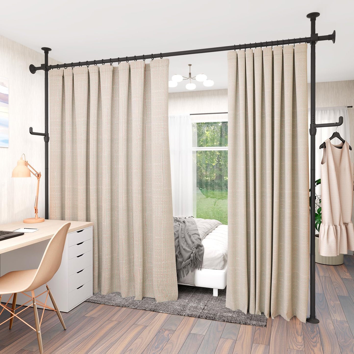 KELIXU Room Divider Curtain Rod No Drilling, 4-10ft (W) x 4-10ft (H) Room Partition with Hanging Hooks, Floor to Ceiling Divider for Room Separation