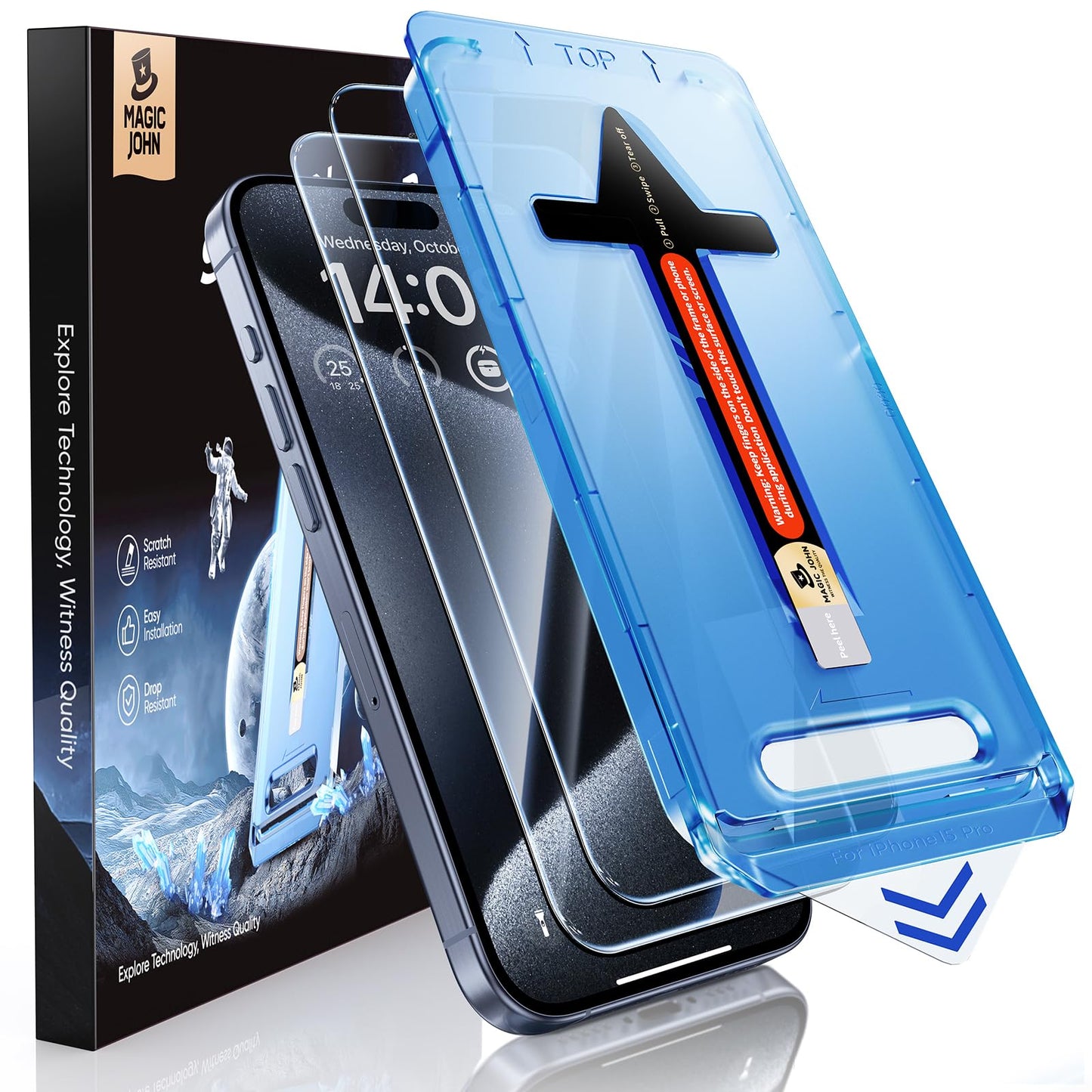 MAGIC JOHN 2 Pack for iPhone 15 Pro Tempered Glass Screen Protector 6.1 inch, Auto Dust-Elimination Installation, Bubble Free, Dynamic Island