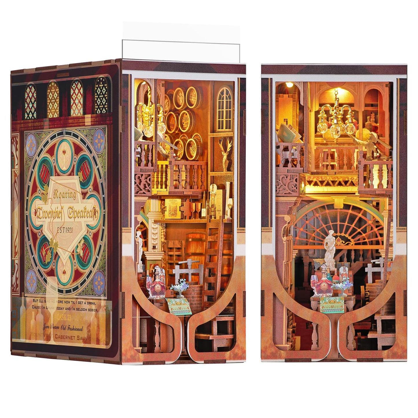 Book Nook Kit, DIY Miniature Dollhouse Booknook Kit, 3D Wooden Puzzle Bookend Bookshelf Insert Decor with LED Light for Teens and Adults (Roaring