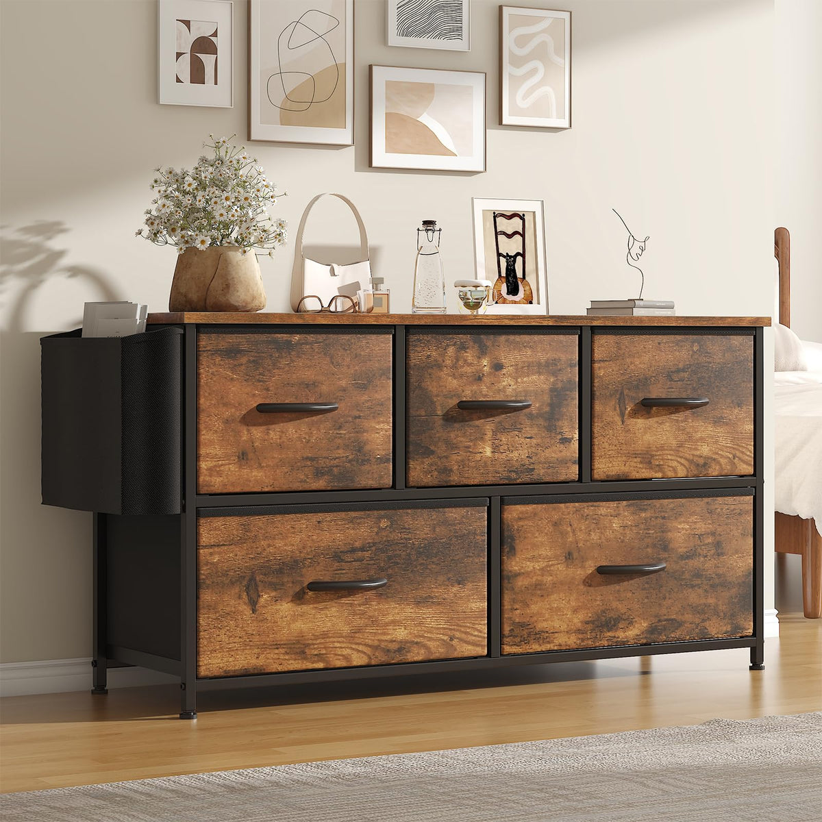 Feonase Fabric 5 Drawer Storage Cabinet with Side Pocket – Wide Dresser Chest for Bedroom, Hallway, Nursery & Closet, Metal Frame & Wood Top