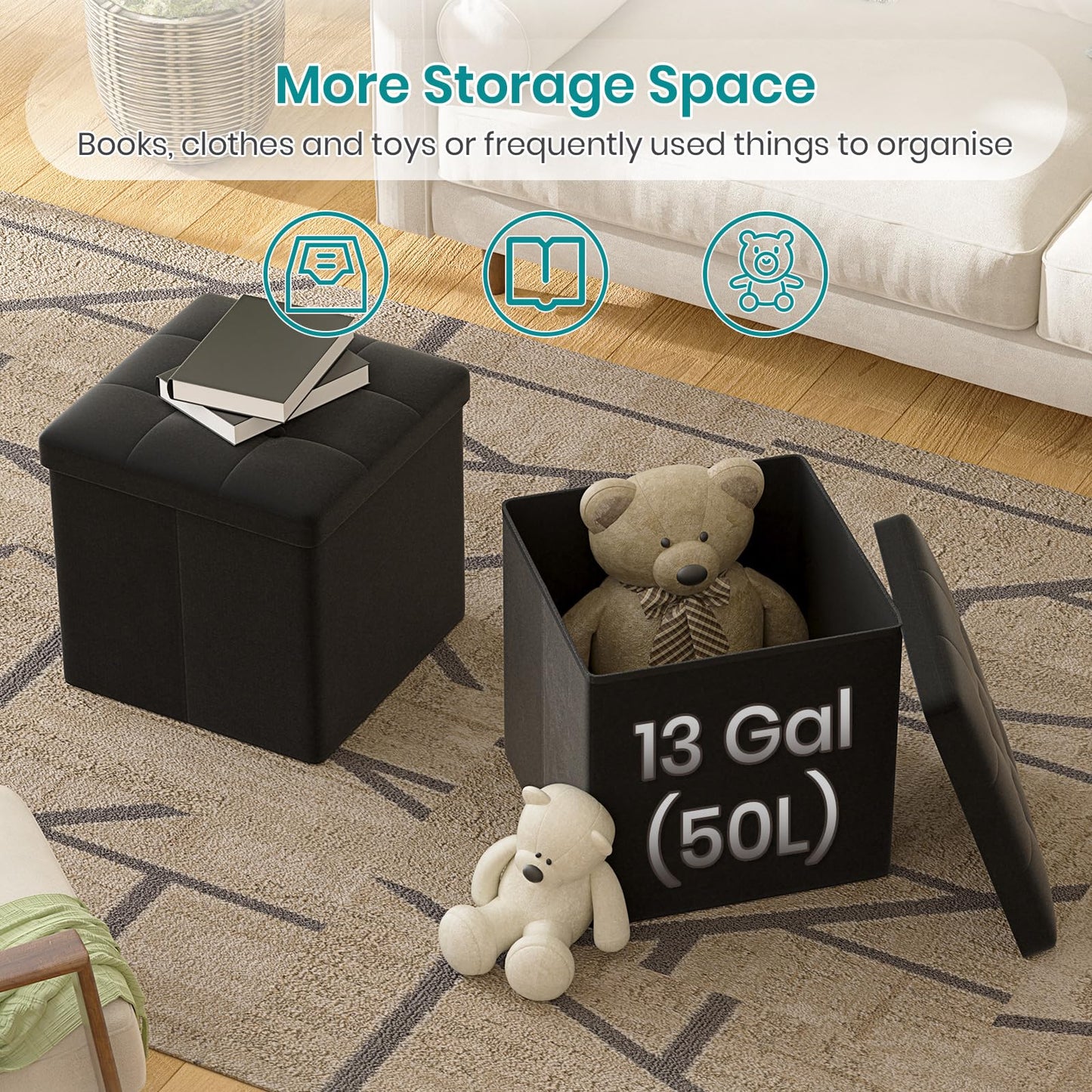 Oak & Tea Storage Ottoman, Foldable Storage Bench, Small Footrest, Cube Storage Unit, 1 Storage Boxes with Lid, Footstool