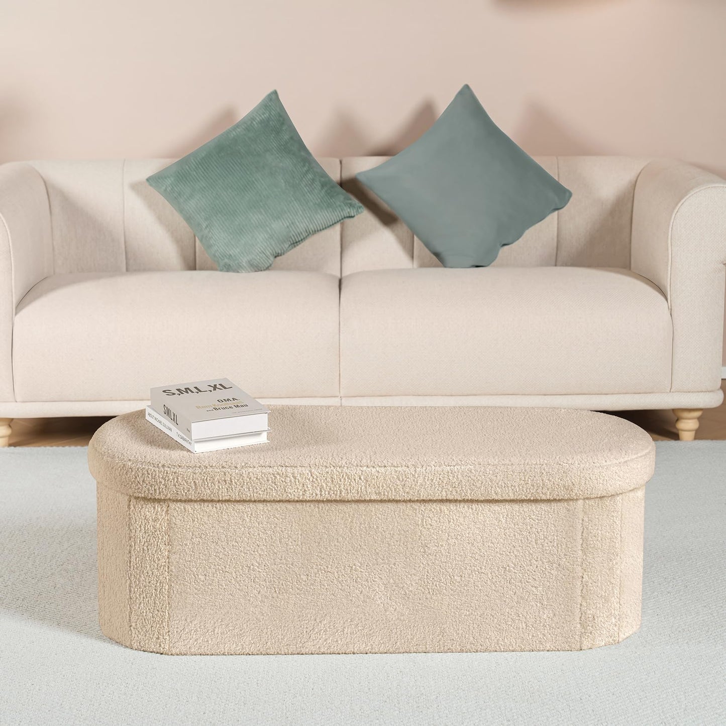 Bonlife Ottoman Storage Bench,Folding Boucle Footstool Oval, End of Bed Stool, Ideal for Living Room, Bedroom, 100L Storage Space,Beige,110x38x38cm
