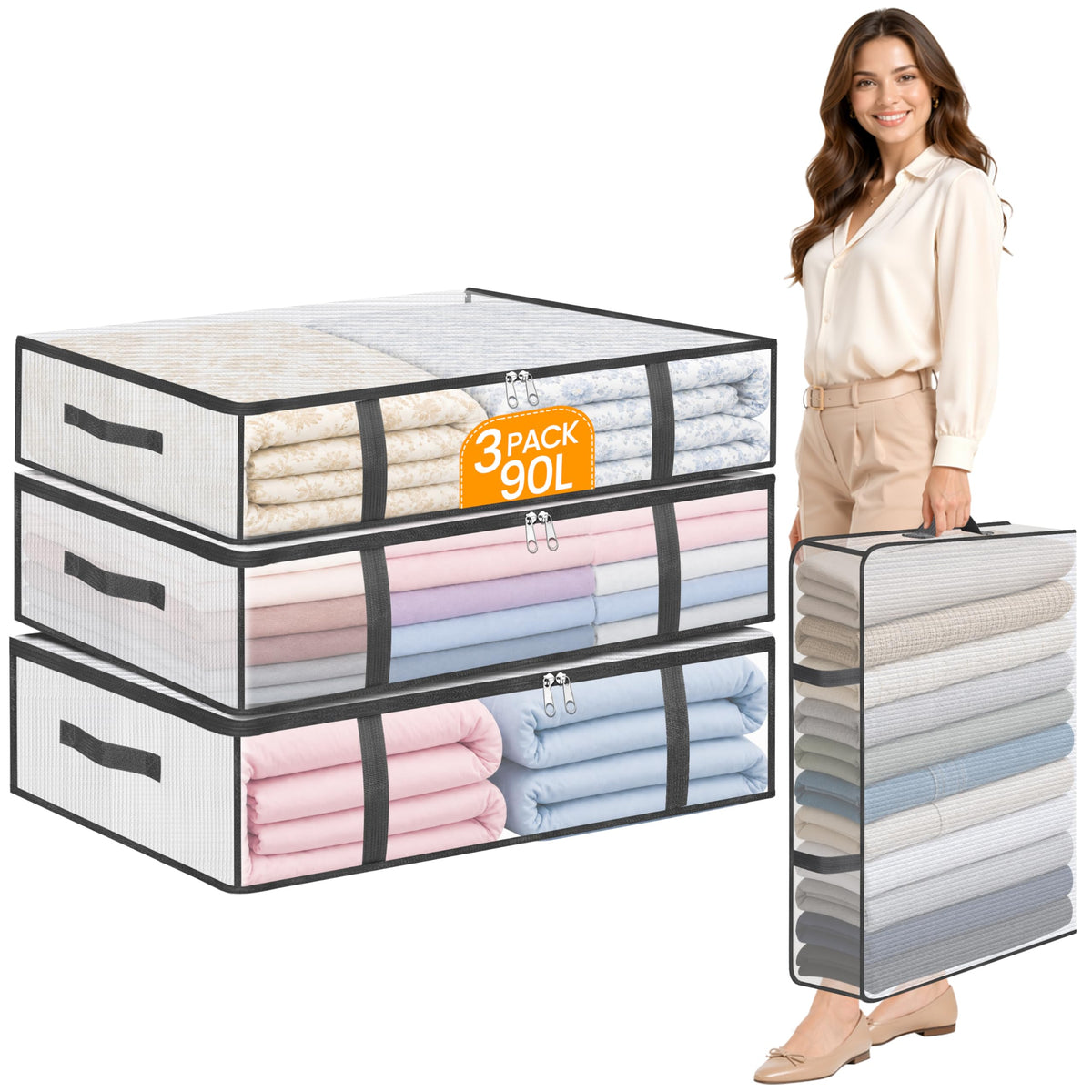Averrex 3 pack 90L Storage Bags, Clear Under Bed Storage Box with Lids