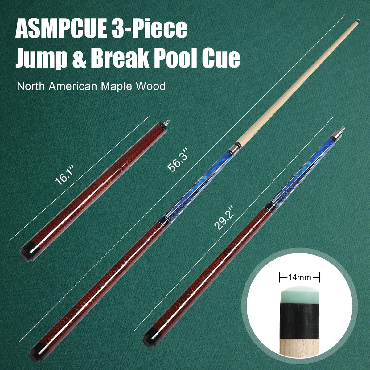 ASMPCUE Pool Cue, Heavy Hitter Jump Break Billiard Cue 20/23~25oz for Explosive Breaks and Effortless Jumps, 3in1, 14mm Bakelite Tip Canadian Maple