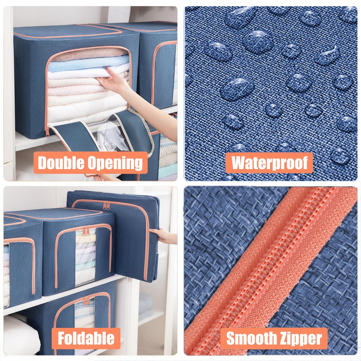 KXF Clothes Wardrobe Storage Organiser Boxes 3 Packs Waterproof Stackable Foldable Oxford Cloth Steel Frame Closet Clothing Storage Bag Clear Window