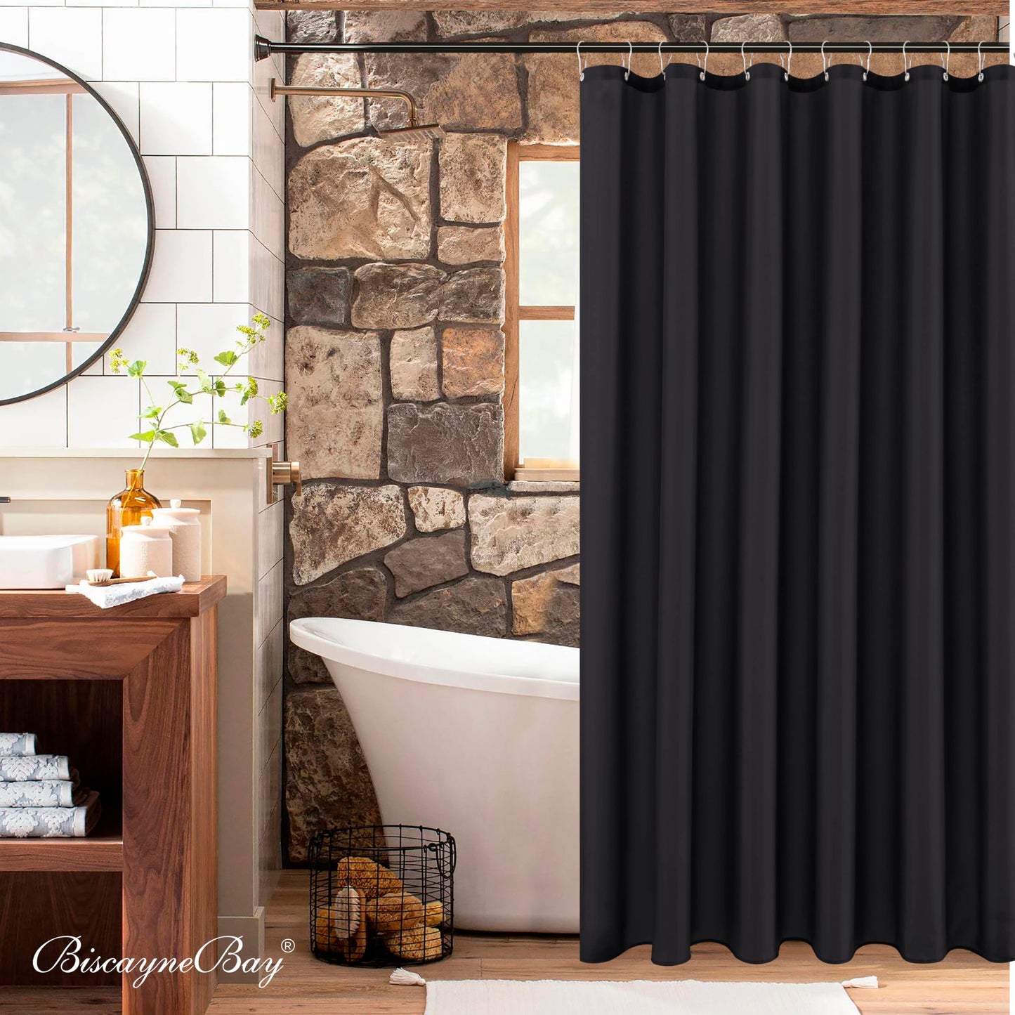 Biscaynebay Fabric Shower Curtain with Short Liner 72" W x 65" L, Black Water Resistant, Rust Resistant Grommets, Weighted Bottom, Machine Washable