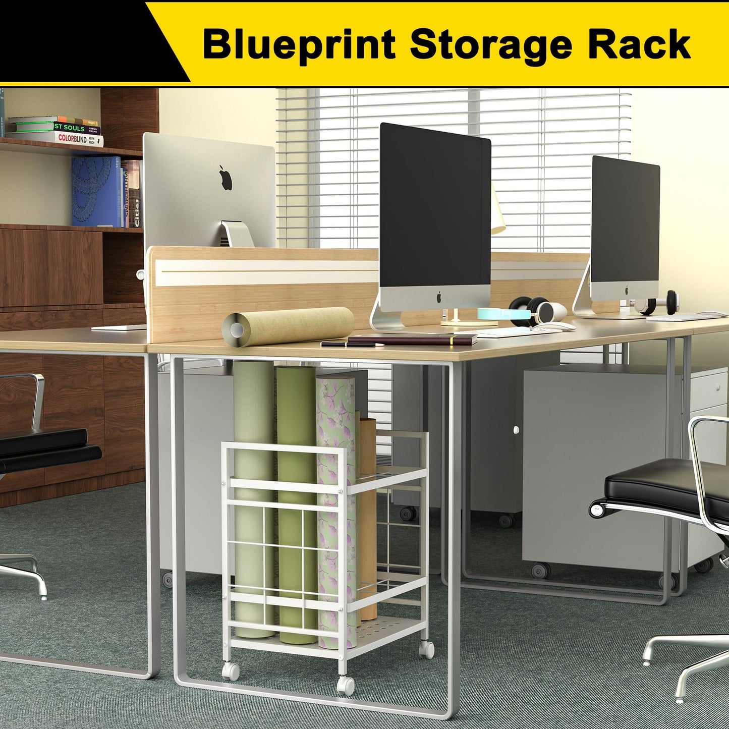 Jowkou Blueprint Storage Rack Cart with Wheels, 12-Slot Blueprint Holder, Construction Plan Map Holder, Blueprint Storage Organiser Table, White