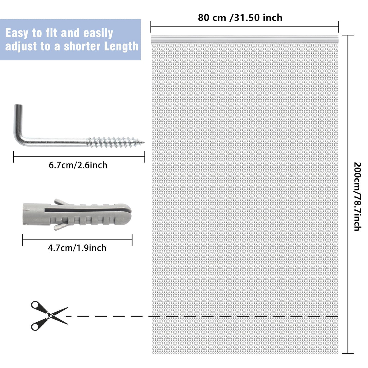 VerRich Silver Chain Curtain Door Fly Screens 80 x 200cm Aluminium Insect Screen for doorways