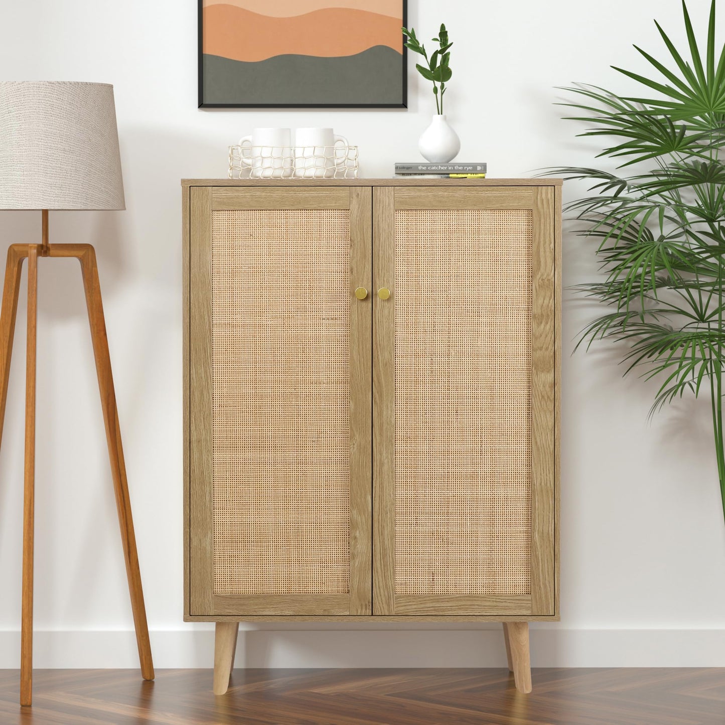 Yvsevnr Rattan Sideboard Cabinet with 2 Doors, Kitchen Storage Cupboard with Adjustable Shelves for Living Room Hallway Entryway