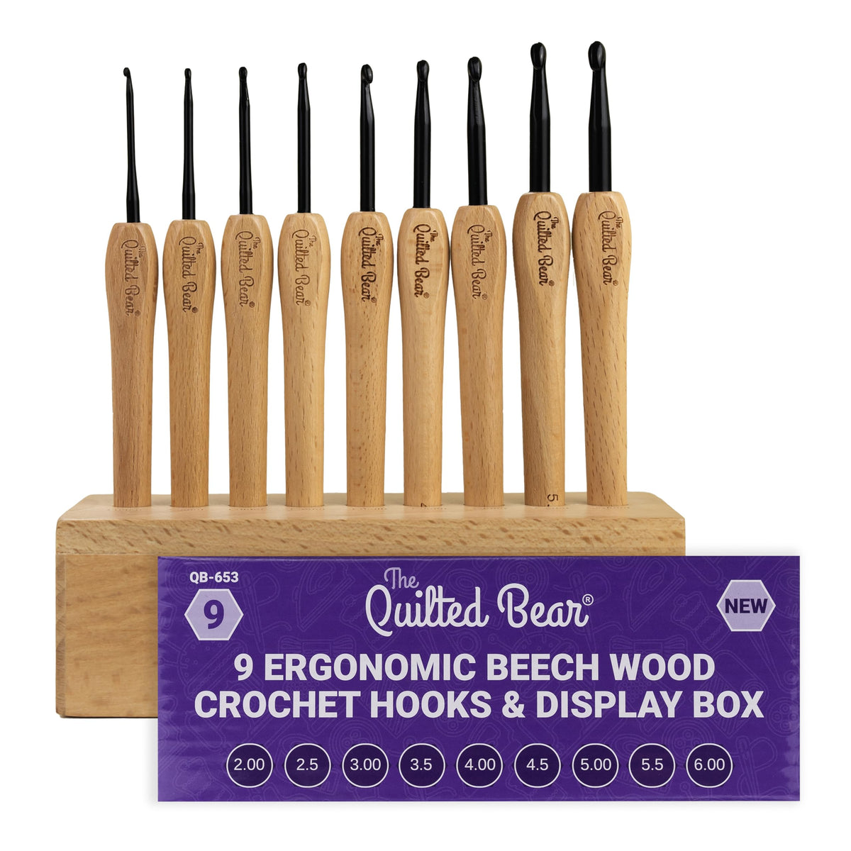 The Quilted Bear Beech Wood Crochet Hooks Set with Box ? Set of 9 Ergonomic Crochet Hooks with Stylish Beech Wood Handles & Durable Steel Hook Heads