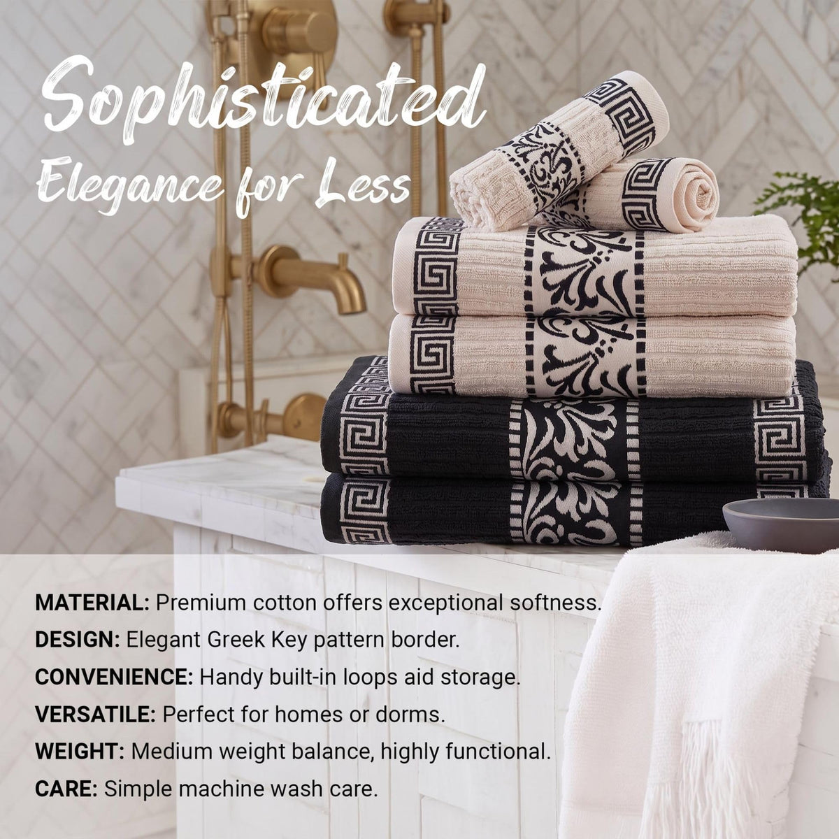 Superior 8 Piece Cotton Towel Set, Highly-Absorbent Plush Decorative Bohemian, Greek Key Trim Jacquard Dobby Border, Face Towels 13” x 13”