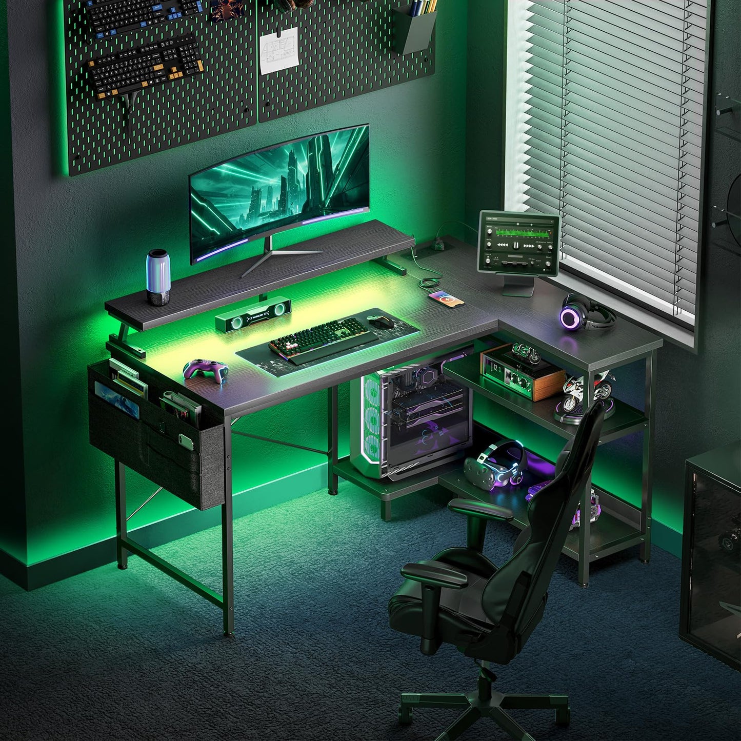 Coleshome L Shaped Gaming Desk with LED Lights & Power Outlet, 100x70 cm