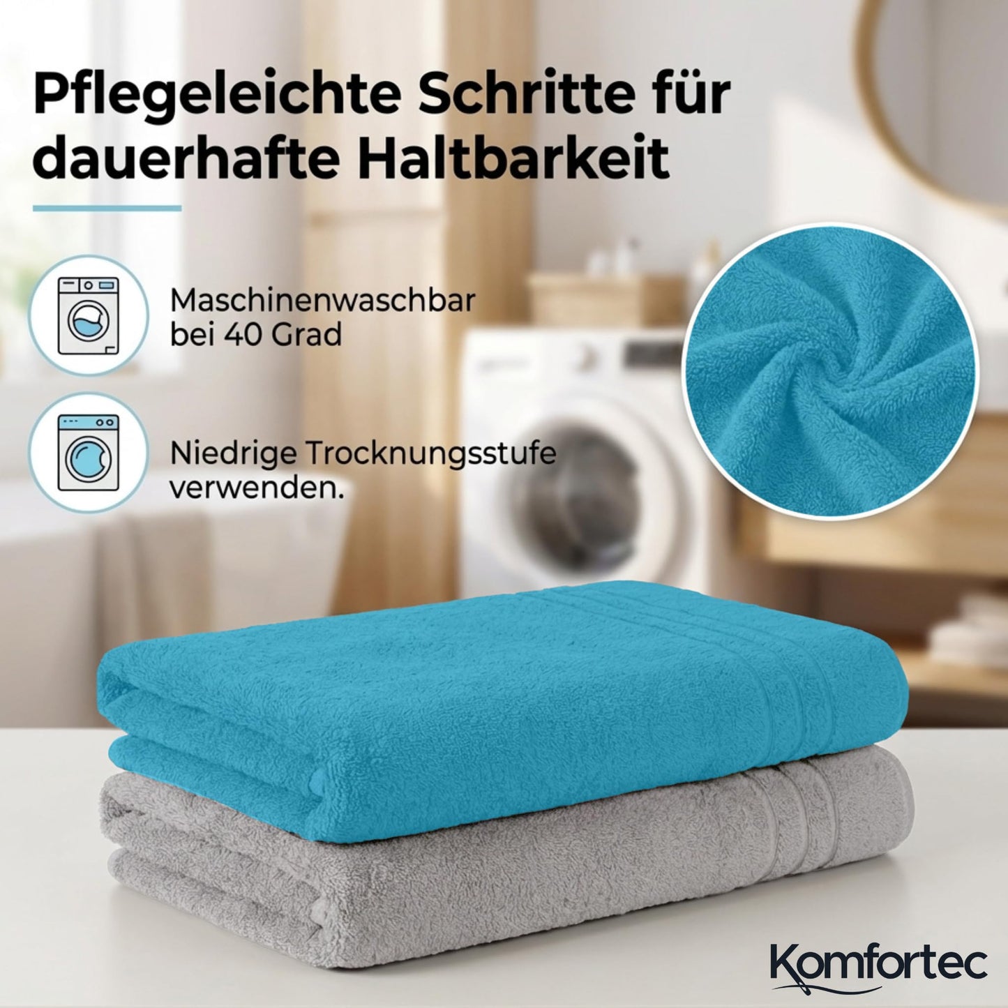Komfortec Jumbo Bath Towels, 100% Cotton, Quick Dry, 80x200, Silver & Turqoise