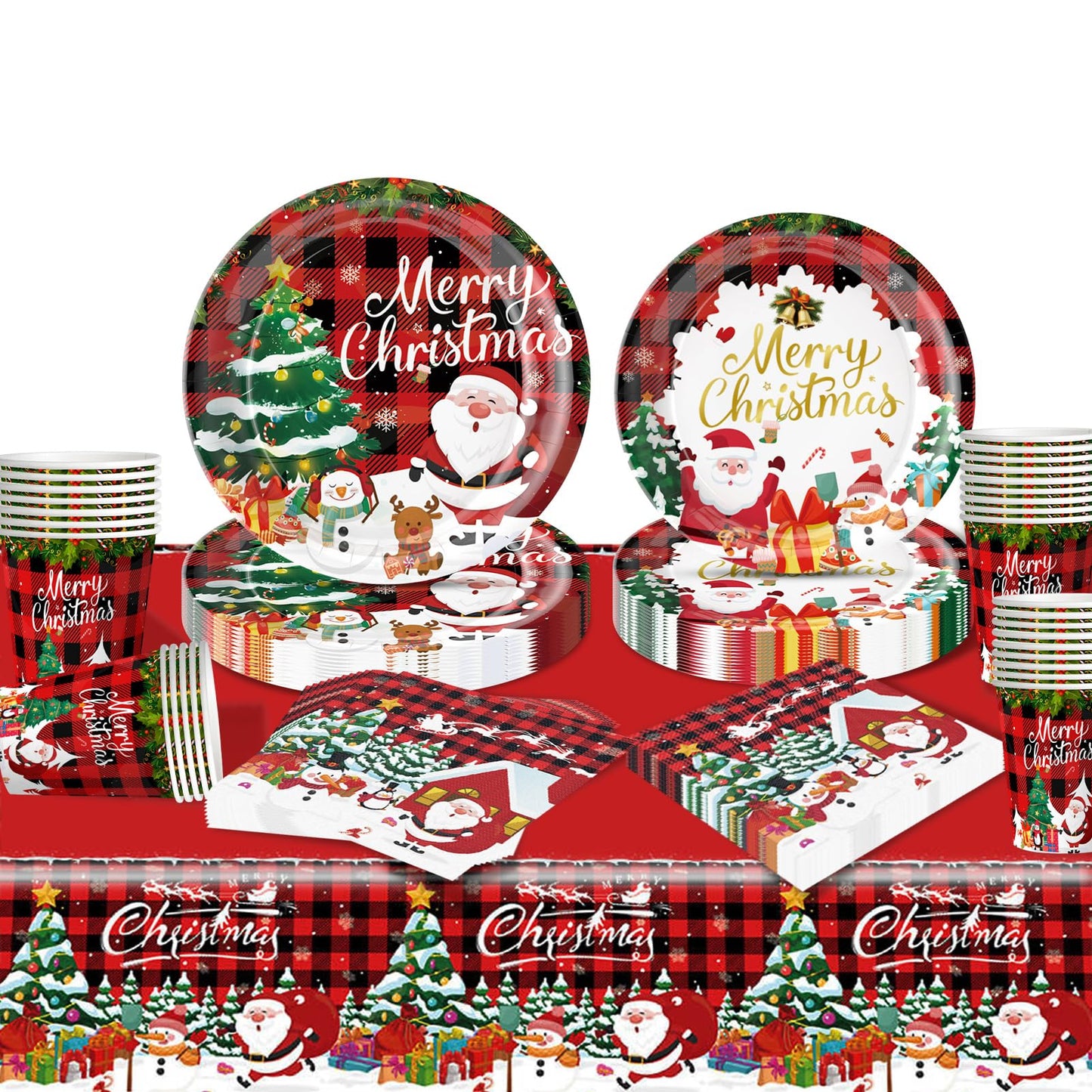 Meriviva 97 Pcs Christmas Party Tableware, Christmas Paper Plates Set with Paper Plates and Napkins Cups Tablecloth Party Table Decorations (Style 2)