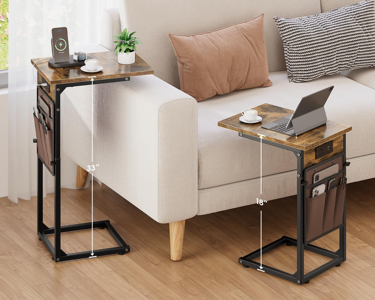 Vagusicc C-Shaped Side Table with Charging Station, Height Adjustable Sofa Side Table, Bedside Table, End Table for Small Spaces