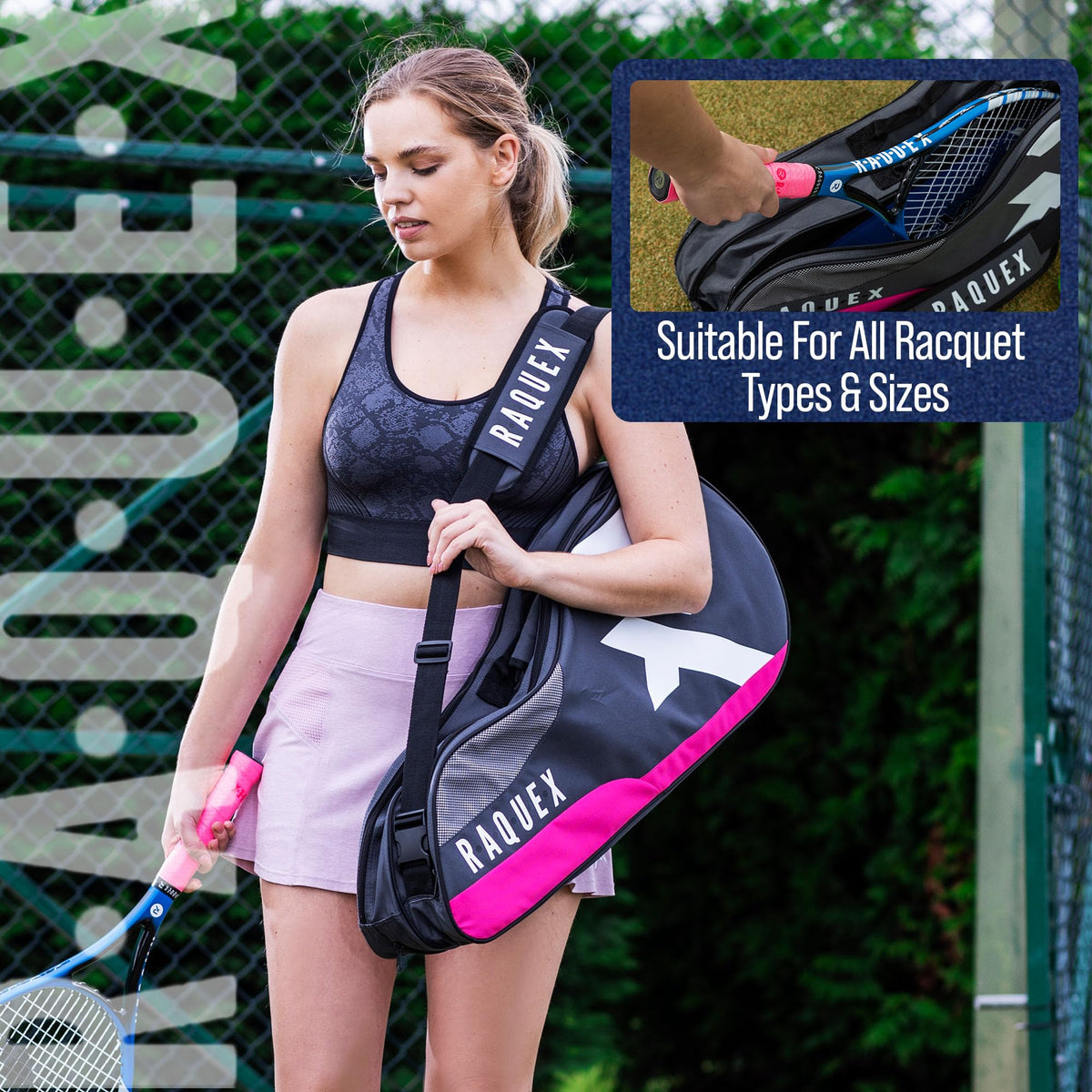 Raquex Tennis Bag - Racket Bag for Tennis, Badminton & Squash Racquets. Blue, Black or Magenta. Badminton Bag, Holds up to 6 Racquets + Accessories +