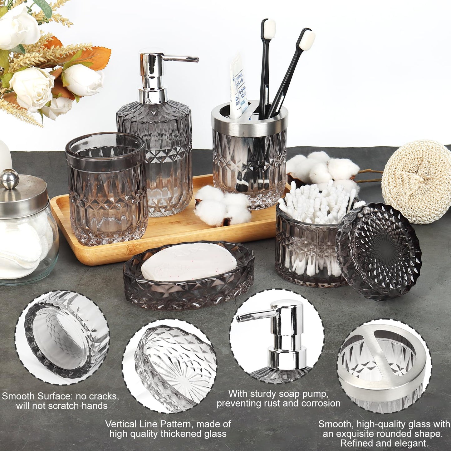 Glass Bathroom Accessories Set of 5, Gradient Smoke Gray Organizer Kit