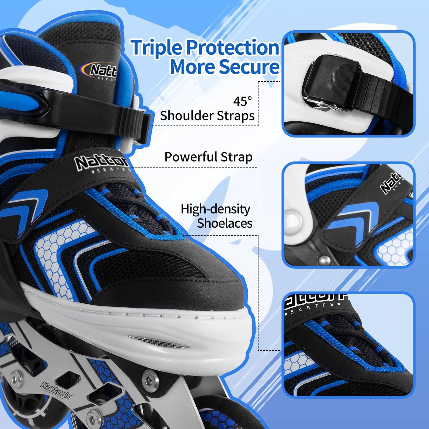 Nattork Boys Roller Skates with Full Light up Wheels, Adjustable Beginner Inline Skates for Boys Big Kids, Blue, Kids Size 1-3 1 2 3