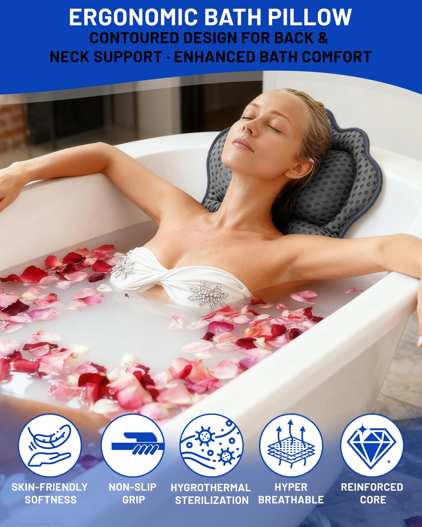 Bath Pillow, 4D Bath Pillows Spa Headrest, Ergonomic Mesh SPA Tub Pillow with 6 Non-Slip Suction Cups with Head, Neck, Shoulder and Back Support