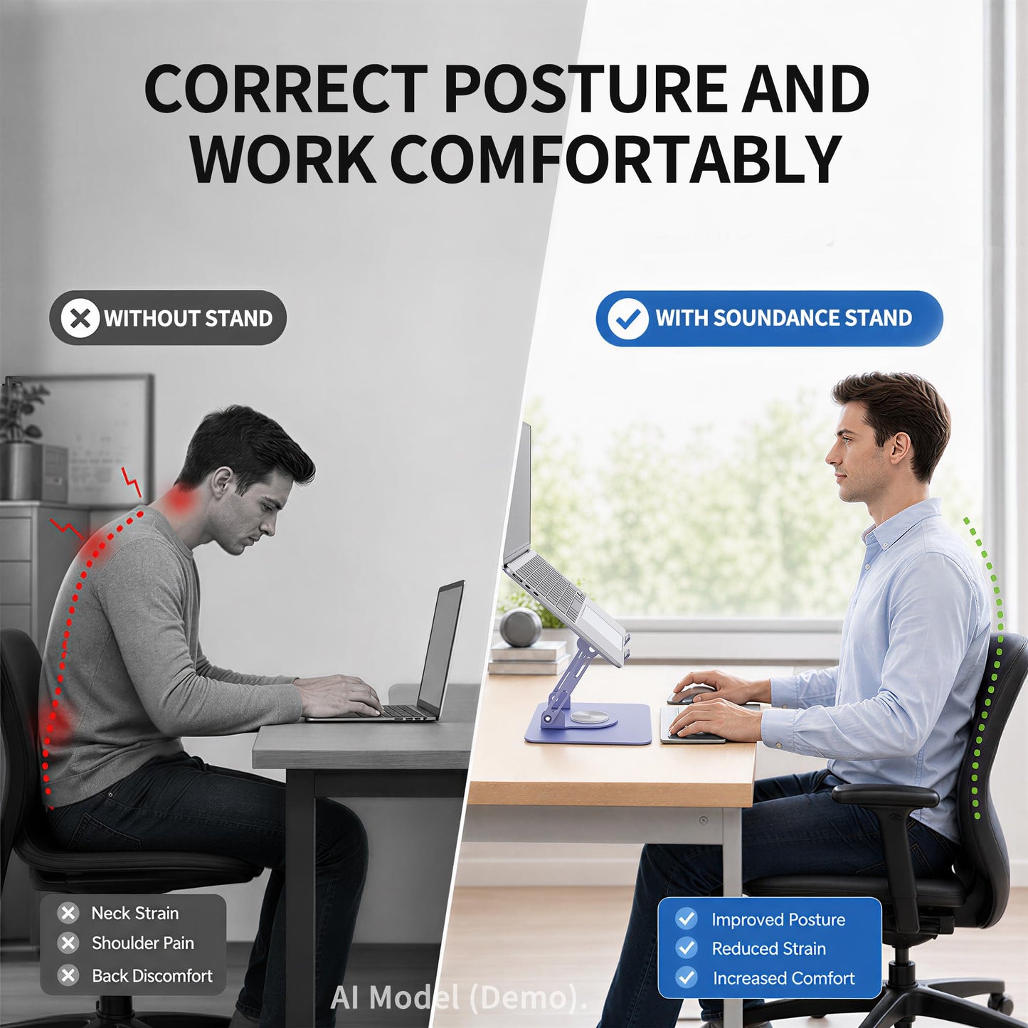 SOUNDANCE Laptop Stand with 360° Rotating Base, Ergonomic Computer Riser for Desk, Adjutable Height Muti-Angle, Foldable Laptop Mount