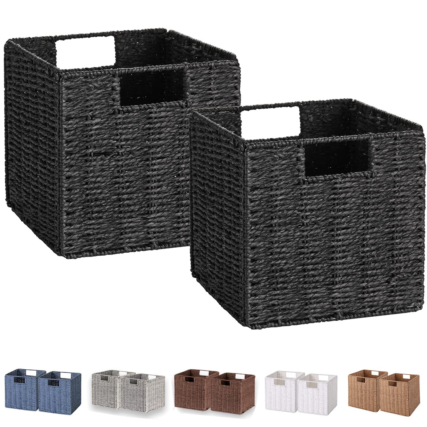 Vagusicc Wicker Baskets for Storage, Set of 2 Hand-Woven Storage Baskets for Shelves, Foldable Cube Storage Baskets Bins with Handles