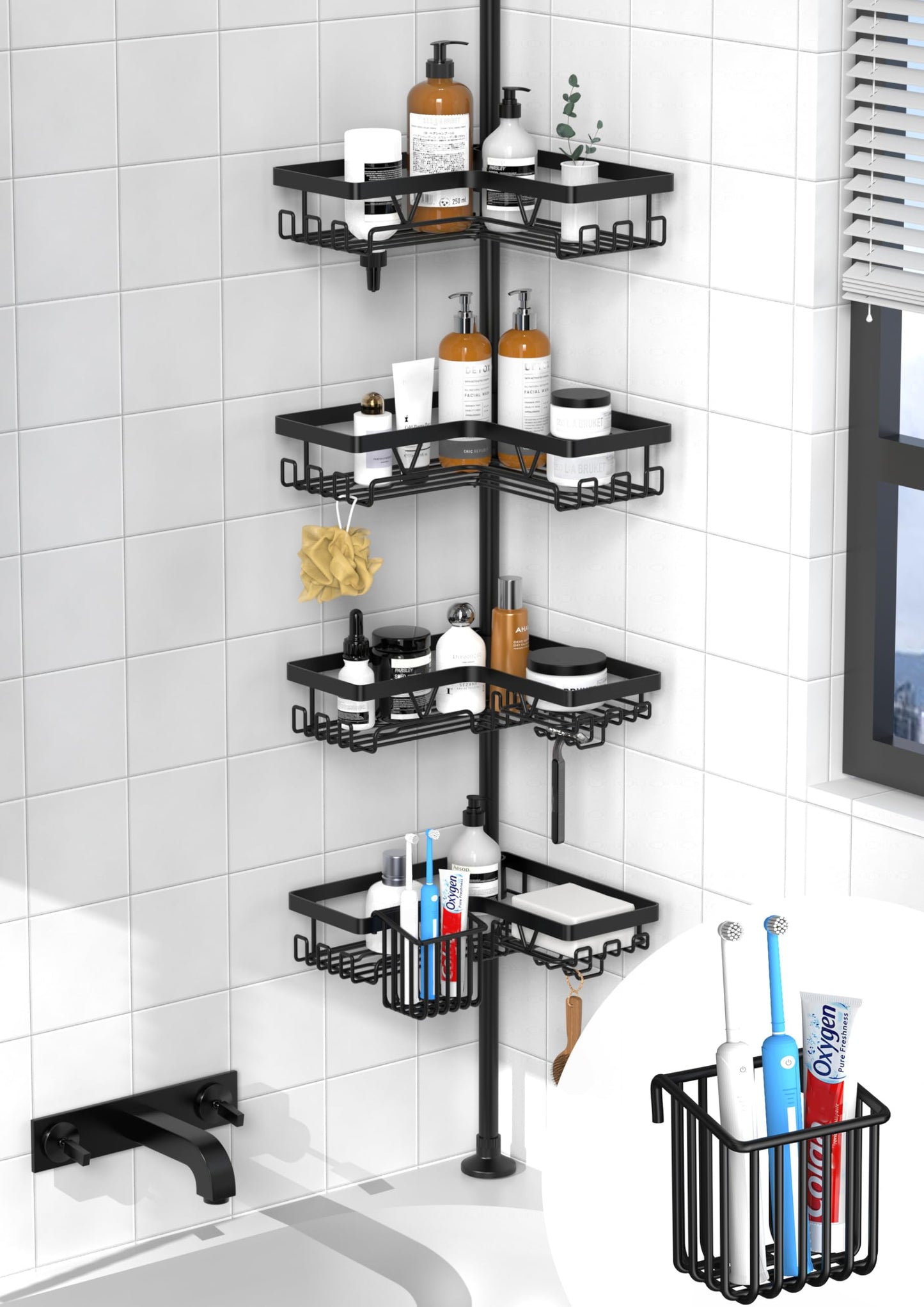 Kegii Corner Shower Caddy Telescopic Bathroom Organiser with Toothbrush Holder, No Drilling Bathtub Shelf for Inside Shower, Rustproof Bathroom Tub