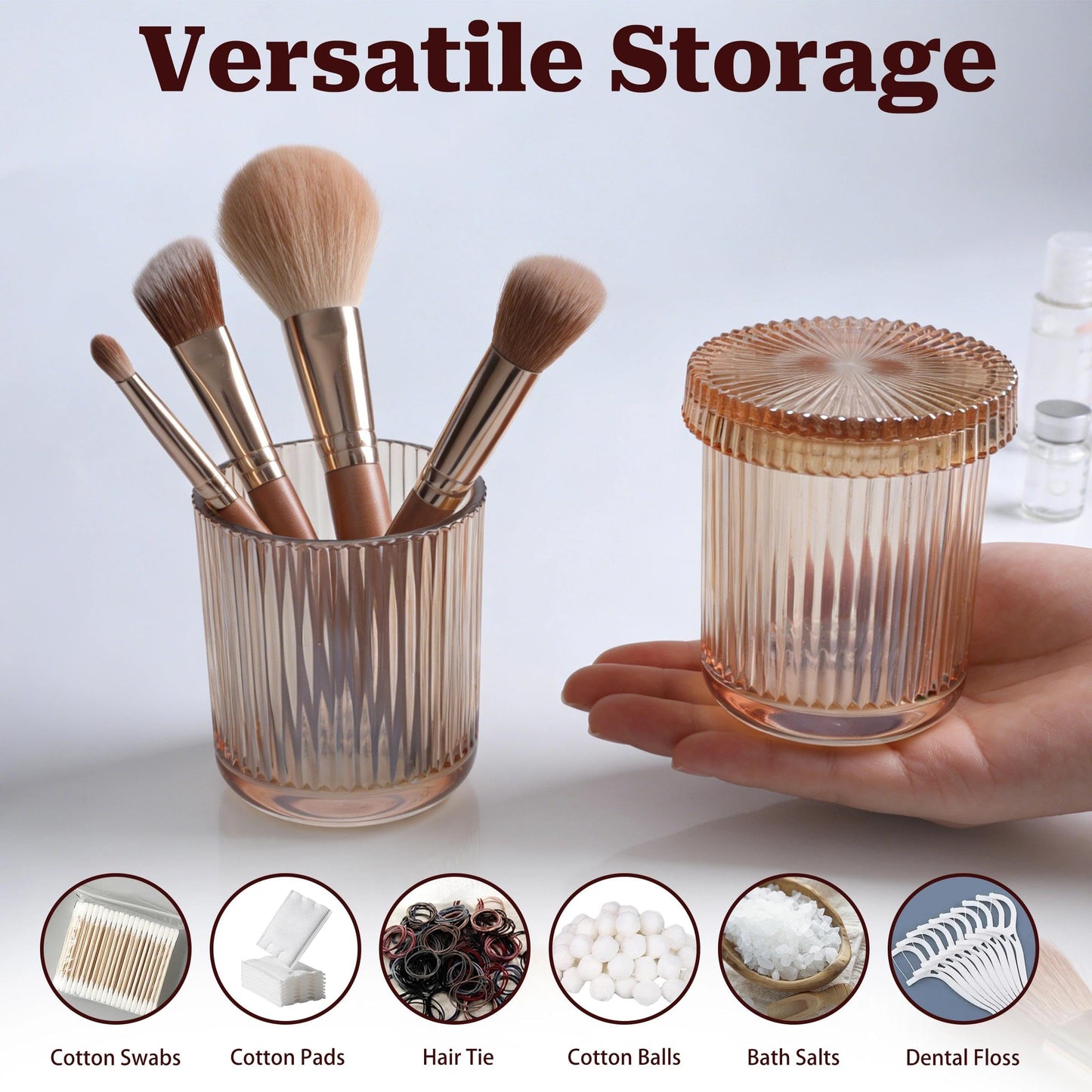 LUKDNEEY Bathroom Storage Organiser, 2 Pack Qtip Holder Glass Jar with Lid, Vanity Organiser for Cotton Swabs, Balls, Pads, Floss Picks