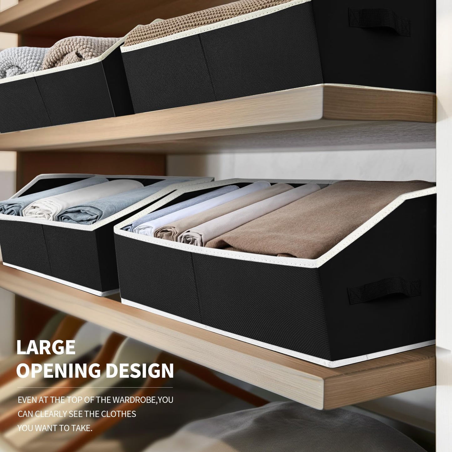 Homsorout Fabric Storage Boxes - 4 Pack Large Open Wardrobe Organiser Black