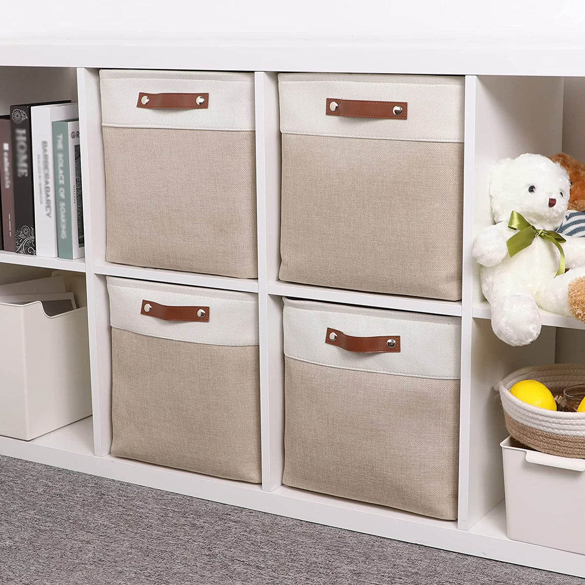Mangata Collapsible Storage Cube Boxes, 28cm Cube Linen Woven Fabric Storage Baskets with Leather Handles 4pcs (Light Khaki and White)