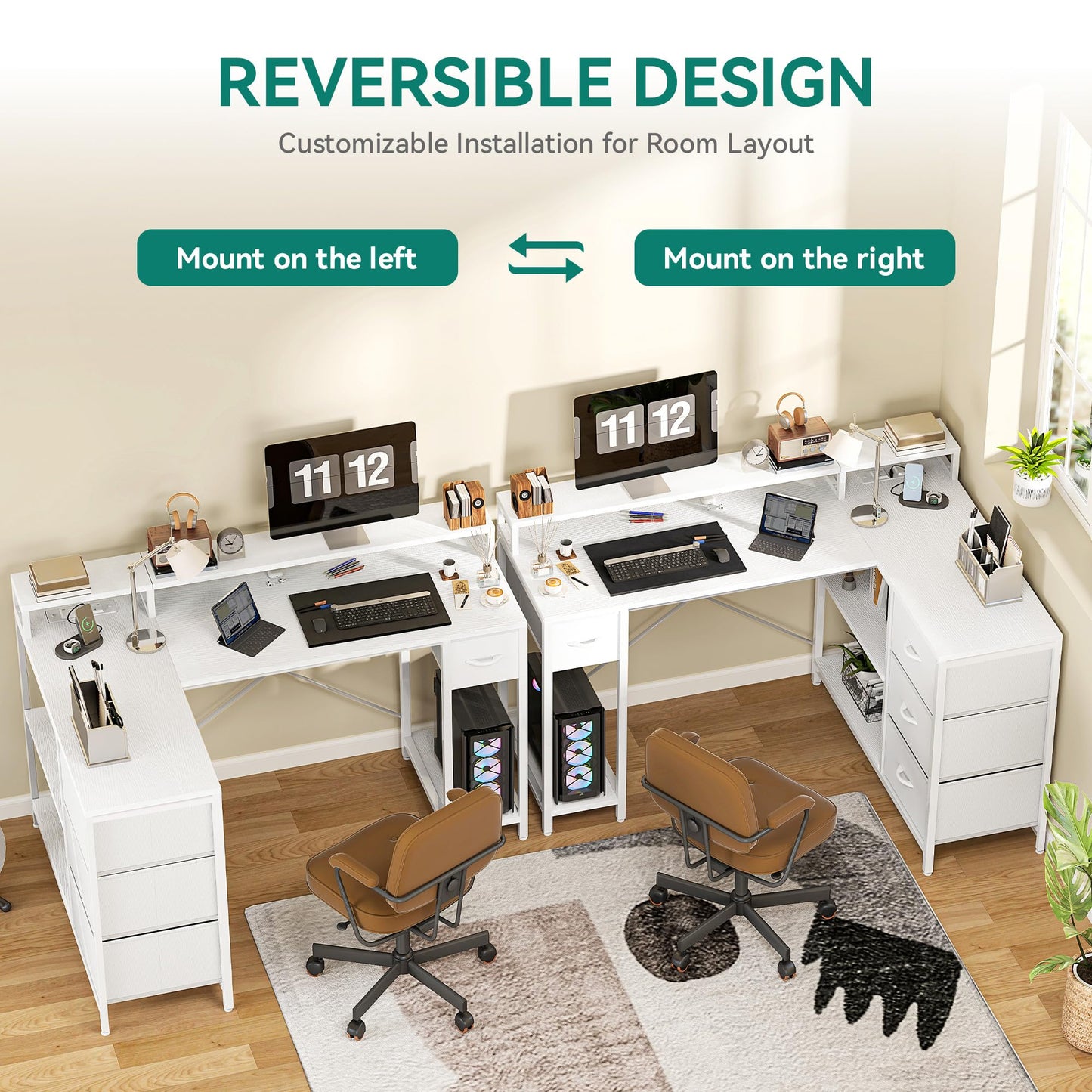 YITAHOME L Shaped Computer Desk with Drawers Power Outlet 140cm White