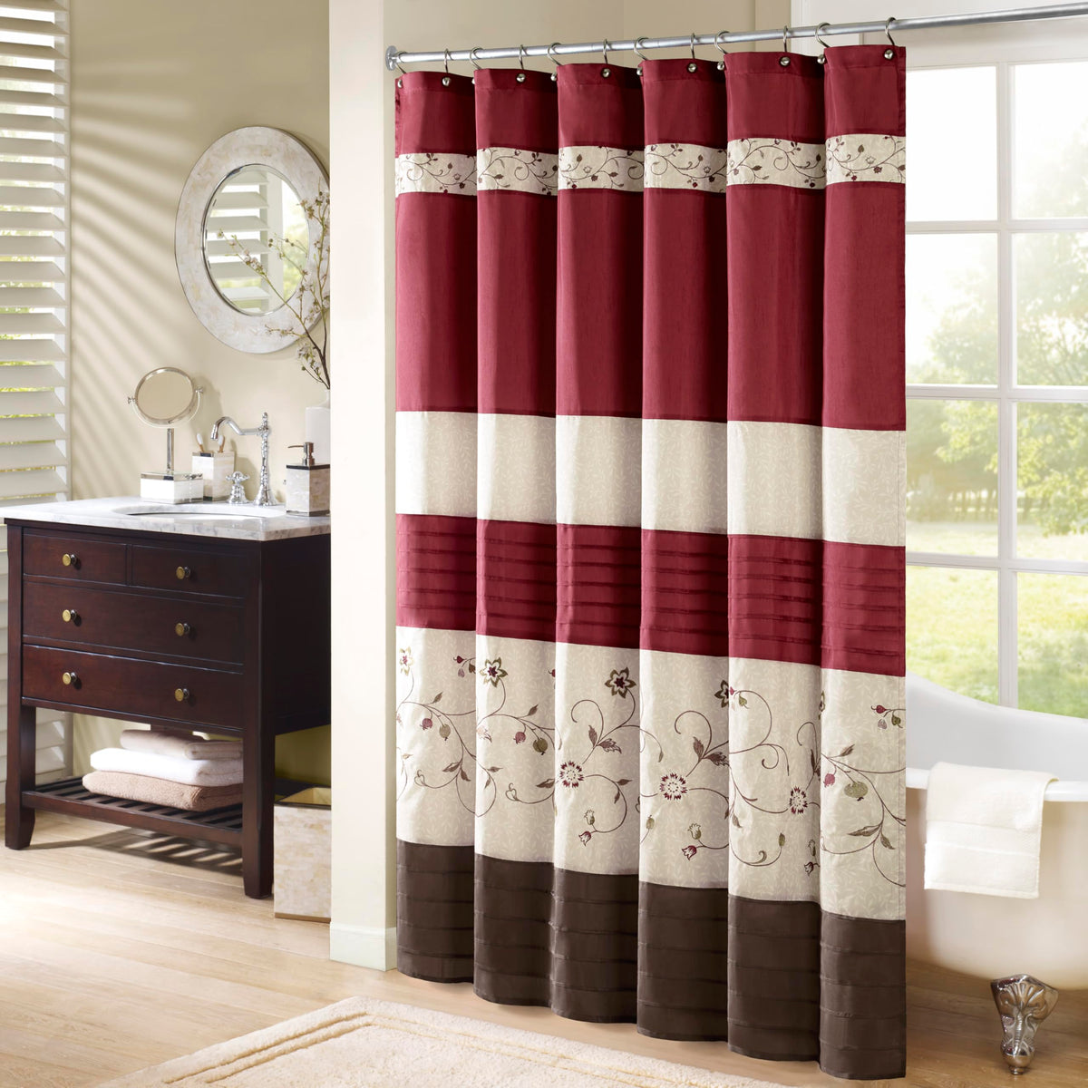 Madison Park Serene Flora Fabric Shower Curtain, mbroidered Transitional Shower Curtains for Bathroom, 72" x 72", Red