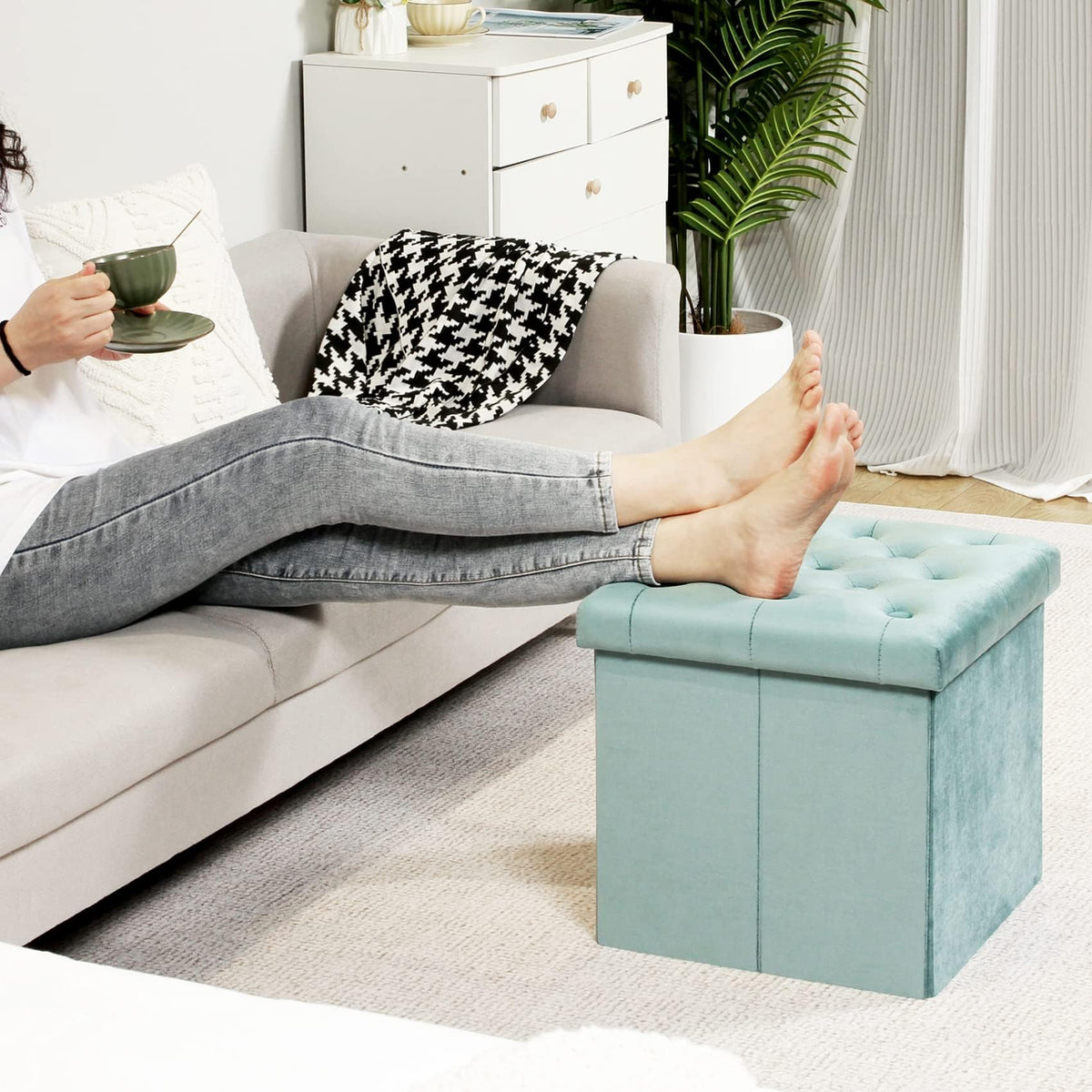 Bonlife Velvet Foldable Storage Ottoman Cube,Green Footstool with Lid,40cm