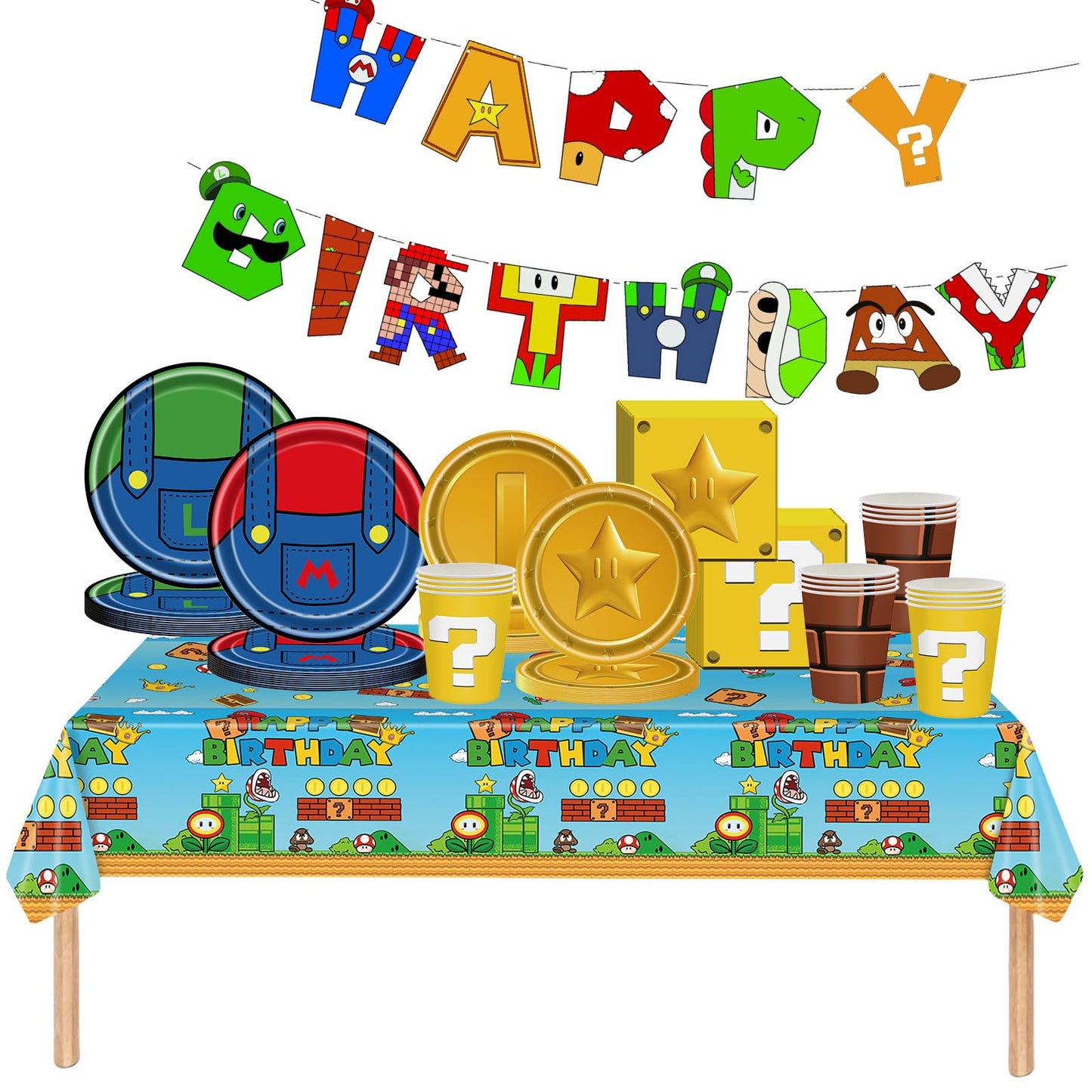 82Pc Super Brother Mario Party Tableware Set - Happy Birthday Banner, Napkins, Plates, Cups, Tablecloth - Theme Dinnerware Kit for Boys Girls Kids