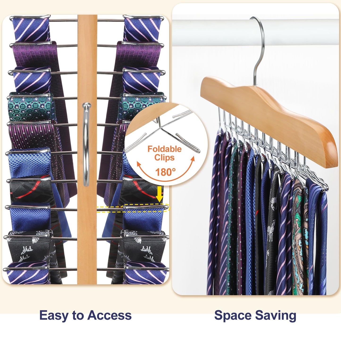 TOPIA HANGER Tie Rack Hanger for Closet, Wooden Tie Organizer for Men with 24 Folding Hooks, Space Saving Necktie Holder for Storage and Display Bra