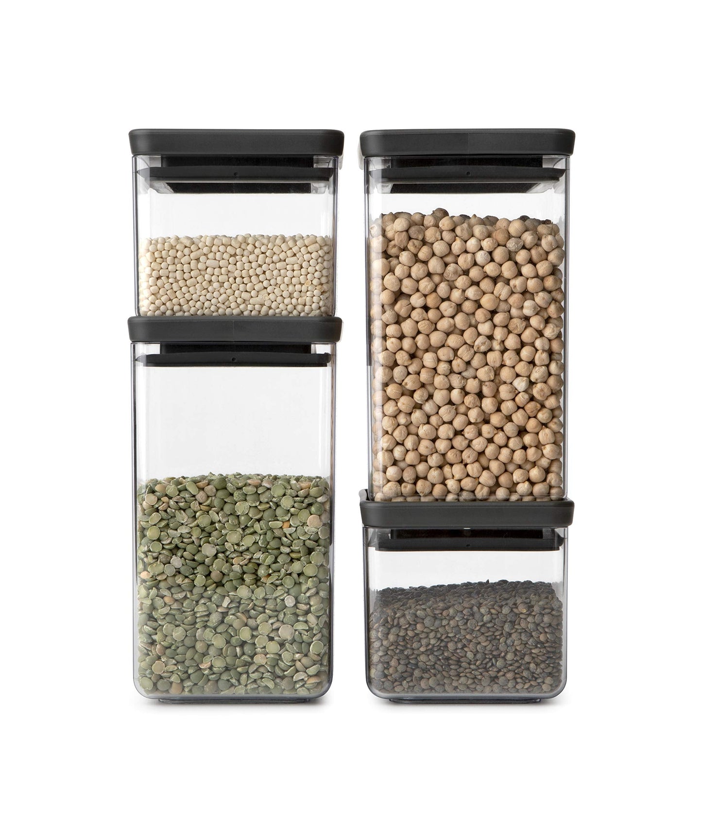Brabantia Set of 4 Tasty+ Square Stackable Food Canisters/Storage Jars (Dark Grey) Space Saving Transparent Plastic Tubs with Lids, (122422)
