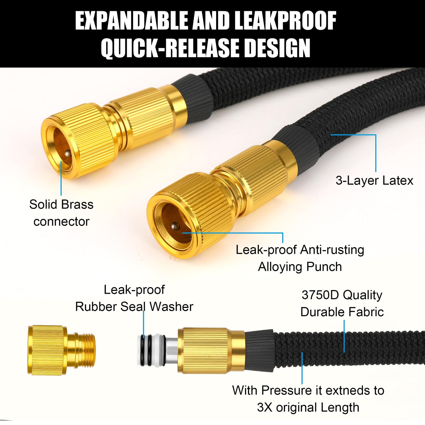 Garden Hose 150FT Flexible Garden Hose Expandable Garden Hose with 10 Function Spray Pattern Nozzles -with 1/2 and 3/4 Brass Fittings Expandable and