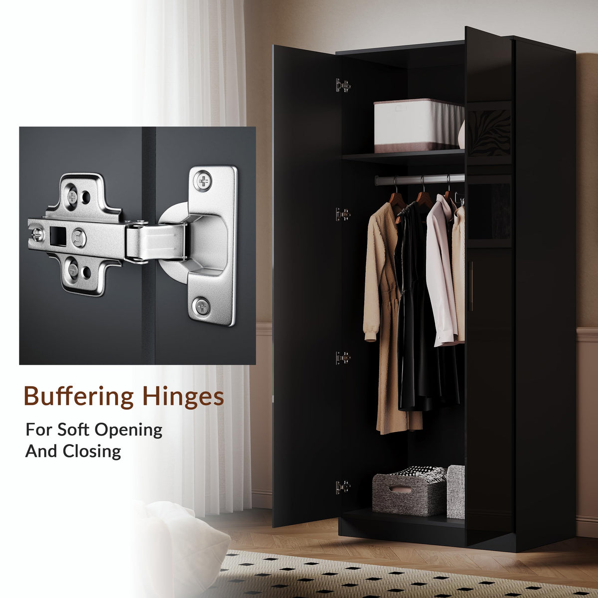 ELEGANT High Gloss Wardrobe with Mirror, Soft Close Hinge Mirrored Wardrobe