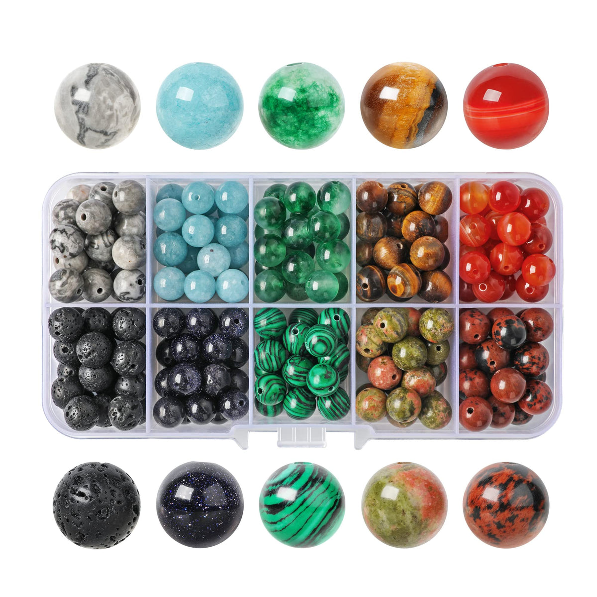 SOSMAR 200pcs Stone Beads, 8mm Crystal Round Beads for Jewelry Making, Lava Bead/Tiger Eye/Red Agate/Aquamarine/Jasper Craft Beads for Bracelet