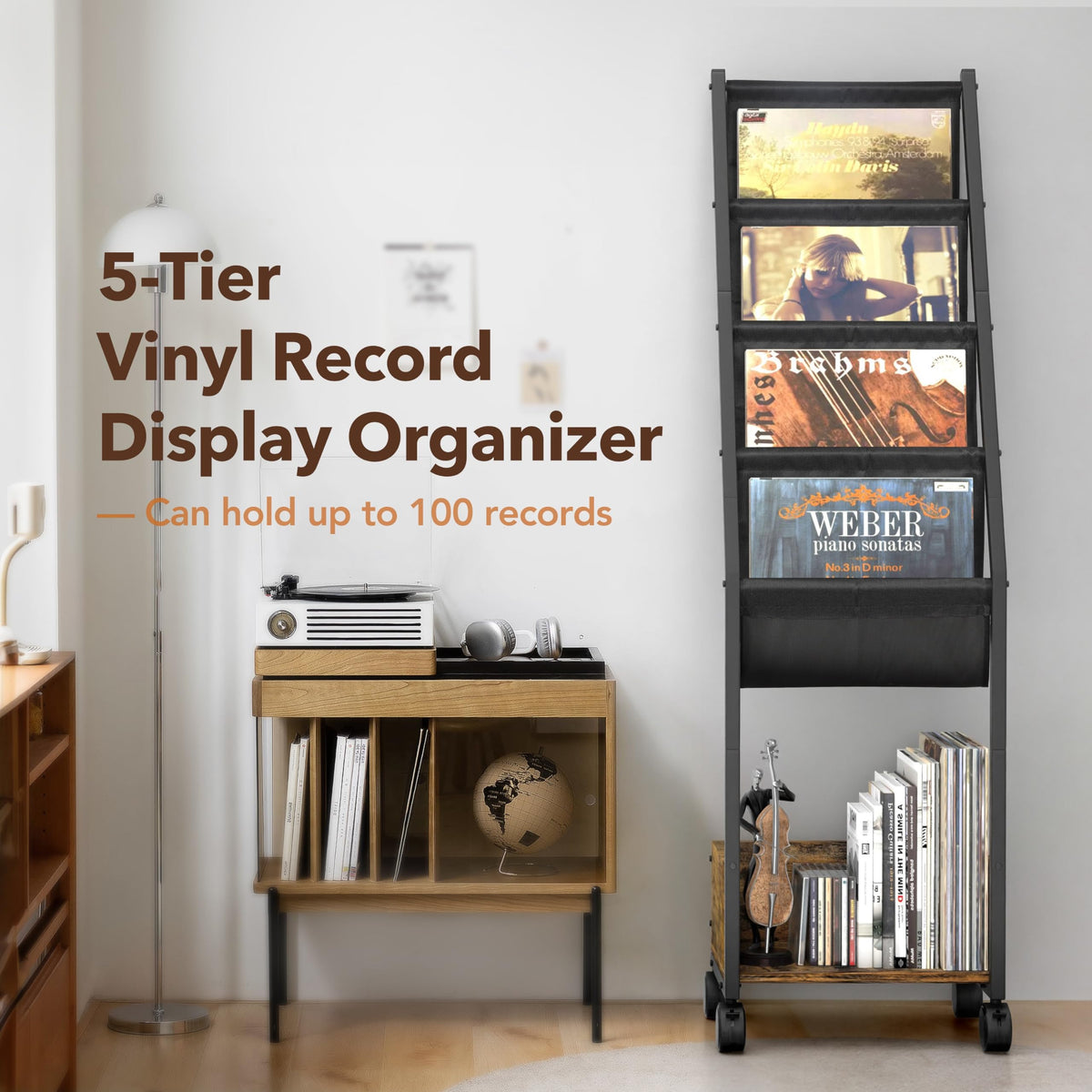 Bikoney Movable 4-Tier Vinyl Record Storage Cabinet with Display Shelf