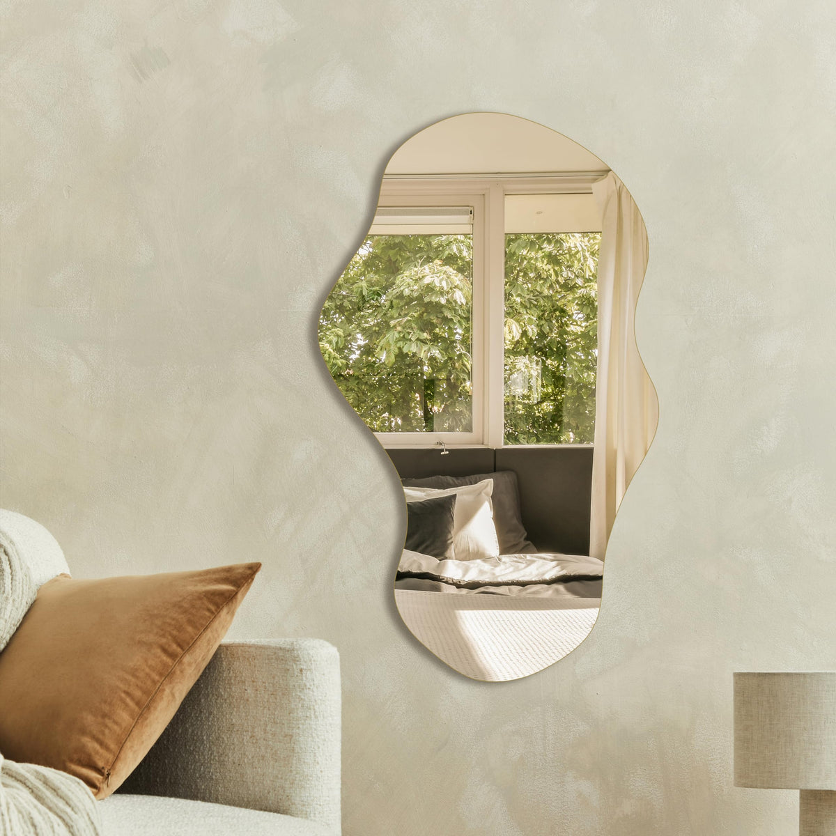 PERFNIQUE Irregular Wall Mirror Asymmetrical Mirror, 89 x 53cm Decorative Modern Mirror for Bathroom Bedroom Living Room Entryway, Cloud Frameless