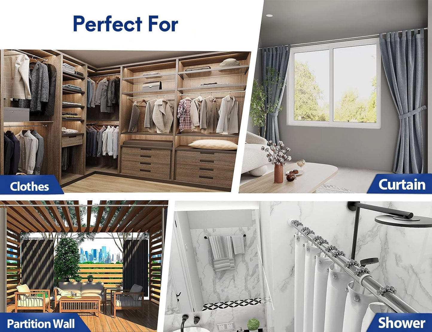 MEISENBERG Shower Curtain Rod Stainless Steel Silver, Tension Rods for Curtains 160-210 cm - Ø 32 mm Diameter, Heavy Duty Tension Pole No Drill