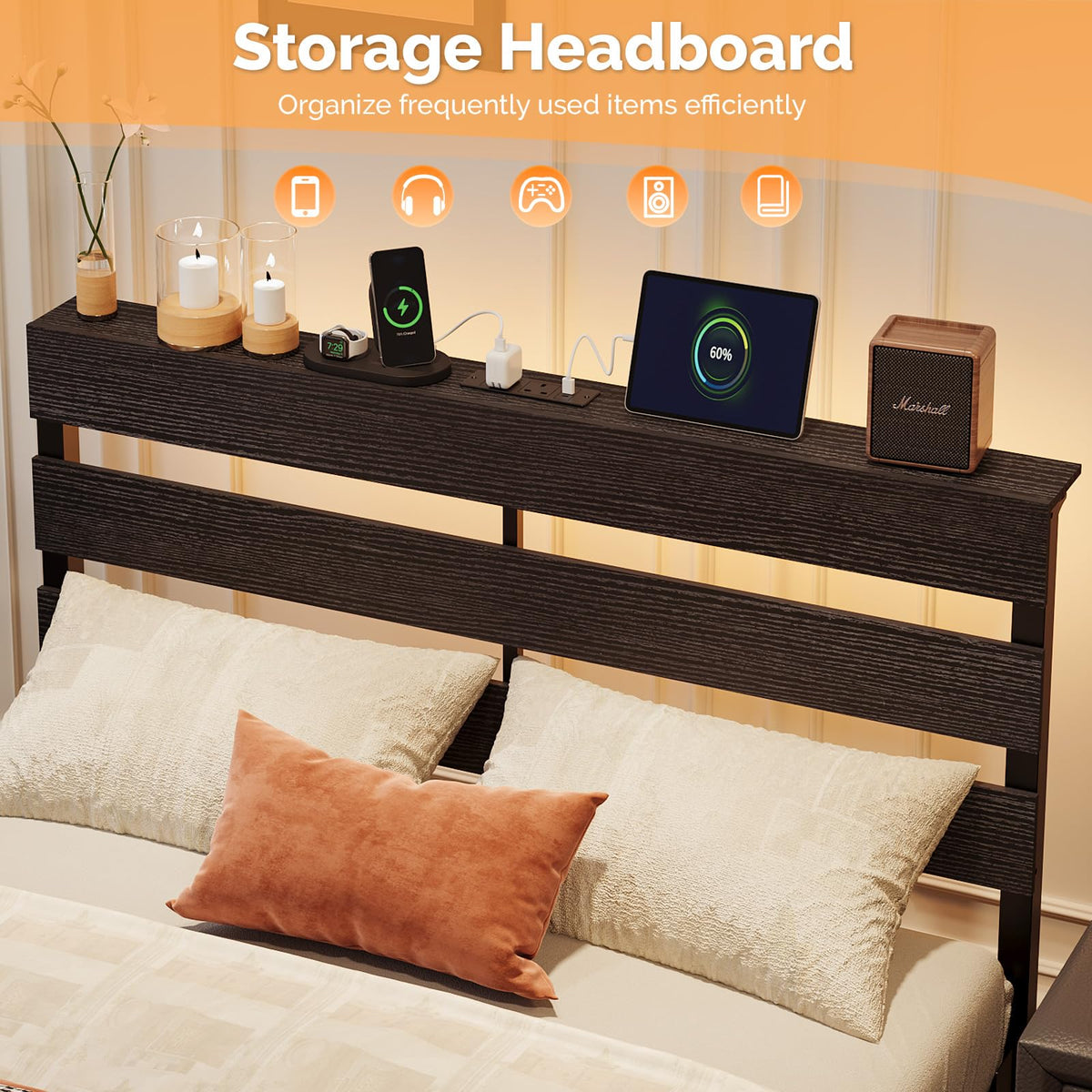 Bonnlo 4ft6 Double Bed Frame with Storage Headboard & LED Lights, 135x190cm, Metal Bed Frame with Charging Station (USB/Type-C/2 Outlets)