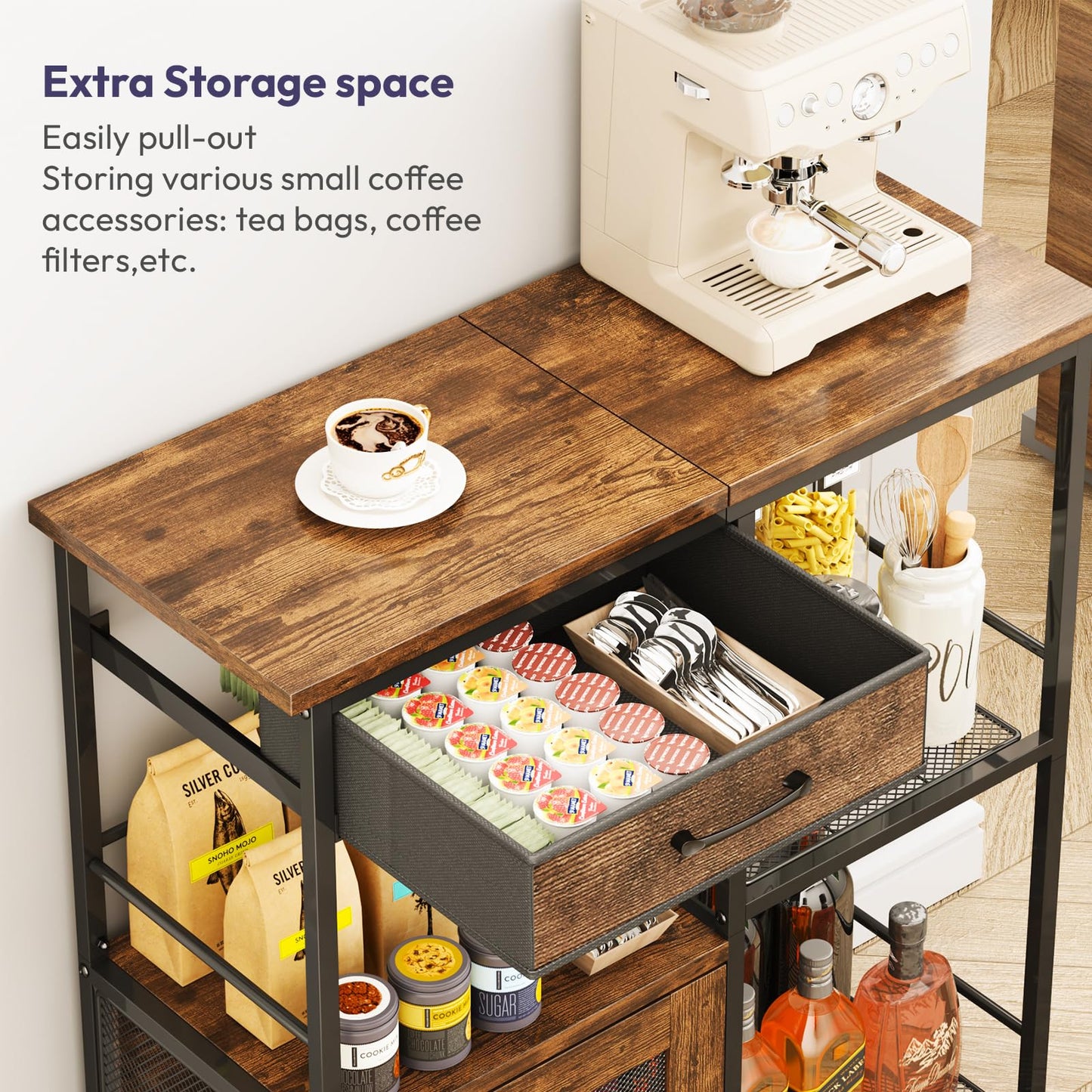 SWTYMIKI Farmhouse Coffee Bar Cabinet - Wood Metal Sideboard Buffet Storage