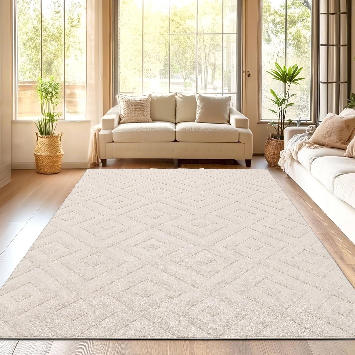 SHACOS Washable Area Rug 120 x 160 cm - Large Cream Geometric Design for Living Room, Bedroom, Lounge, Kids Room - Anti-Slip, Ultra Soft Shaggy,