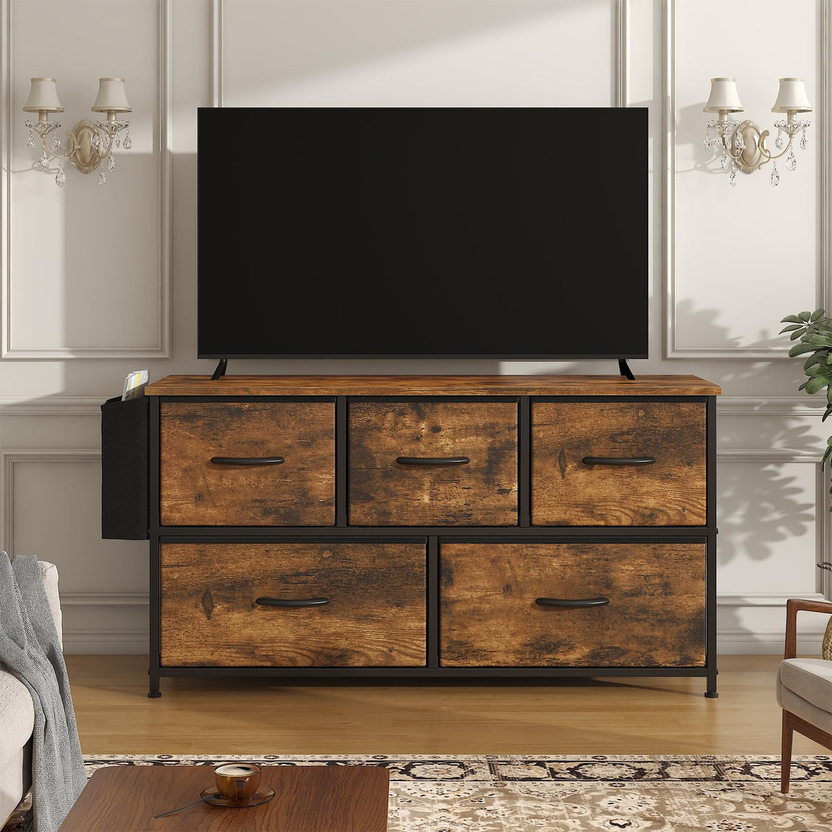 Feonase Fabric 5 Drawer Storage Cabinet with Side Pocket – Wide Dresser Chest for Bedroom, Hallway, Nursery & Closet, Metal Frame & Wood Top