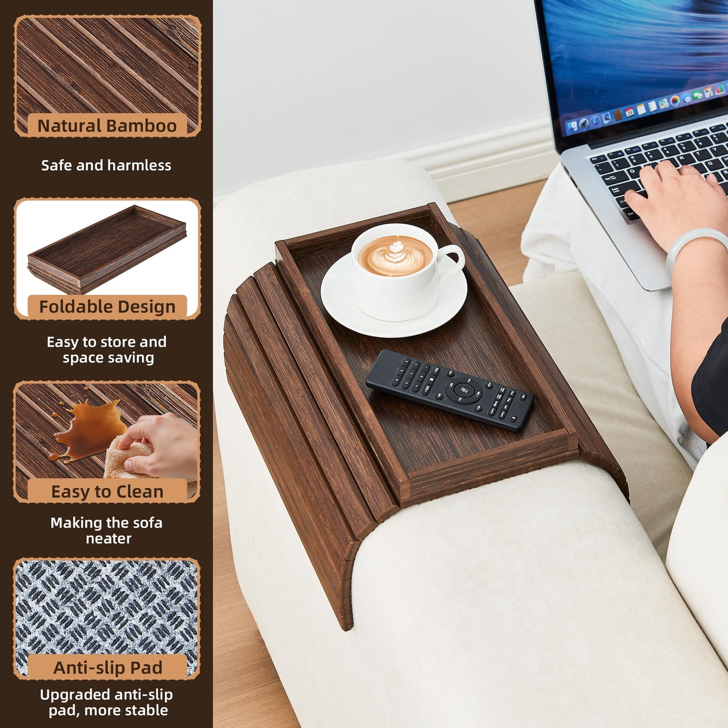 LOVYANXUE Couch Arm Tray, Anti-Falling Bamboo Sofa Armrest Tray Table, Foldable & Portable Armrest Cup Holder Side Table for Drinks, Coffee, Phone