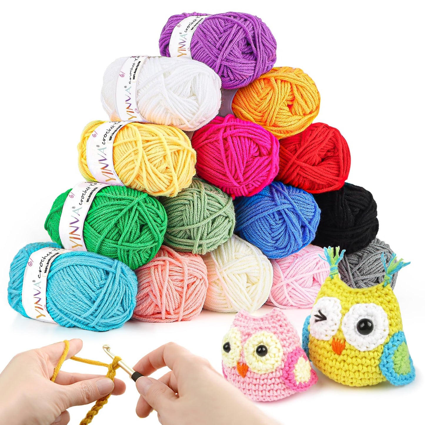 YINVA Crochet Yarn Acrylic Yarn Knitting Wool 15Pcs x 25g Crochet Kits for Beginners Adults Wool for Crochet Knitting and Crafts Multi-Color
