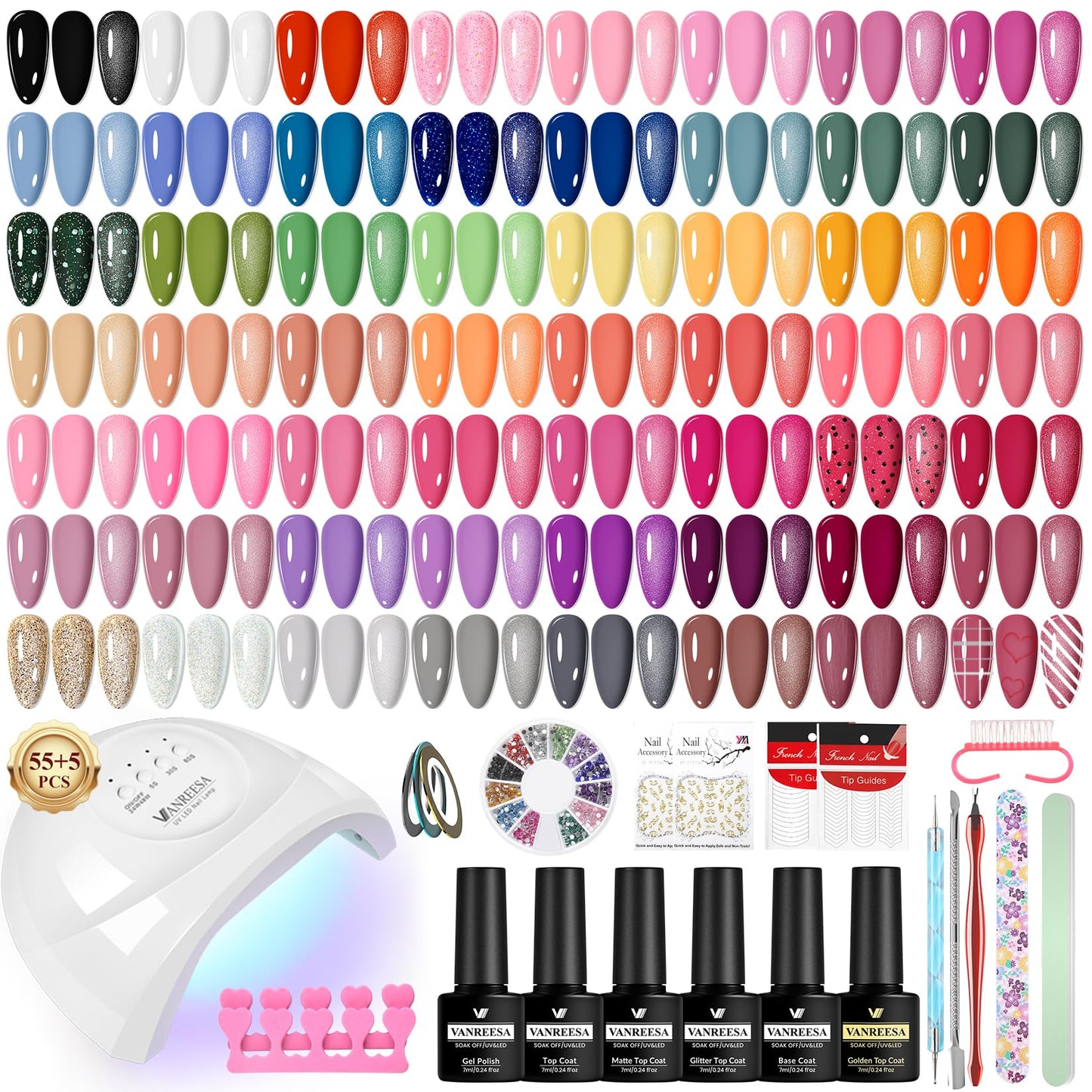 VANREESA Gel Nail Polish Set, 77 PCS Gel Nail Kit with U V Lamp 55 Colours White Nude Pink Gels Polish Set with Base and Top Coat Manicure Tools Nail